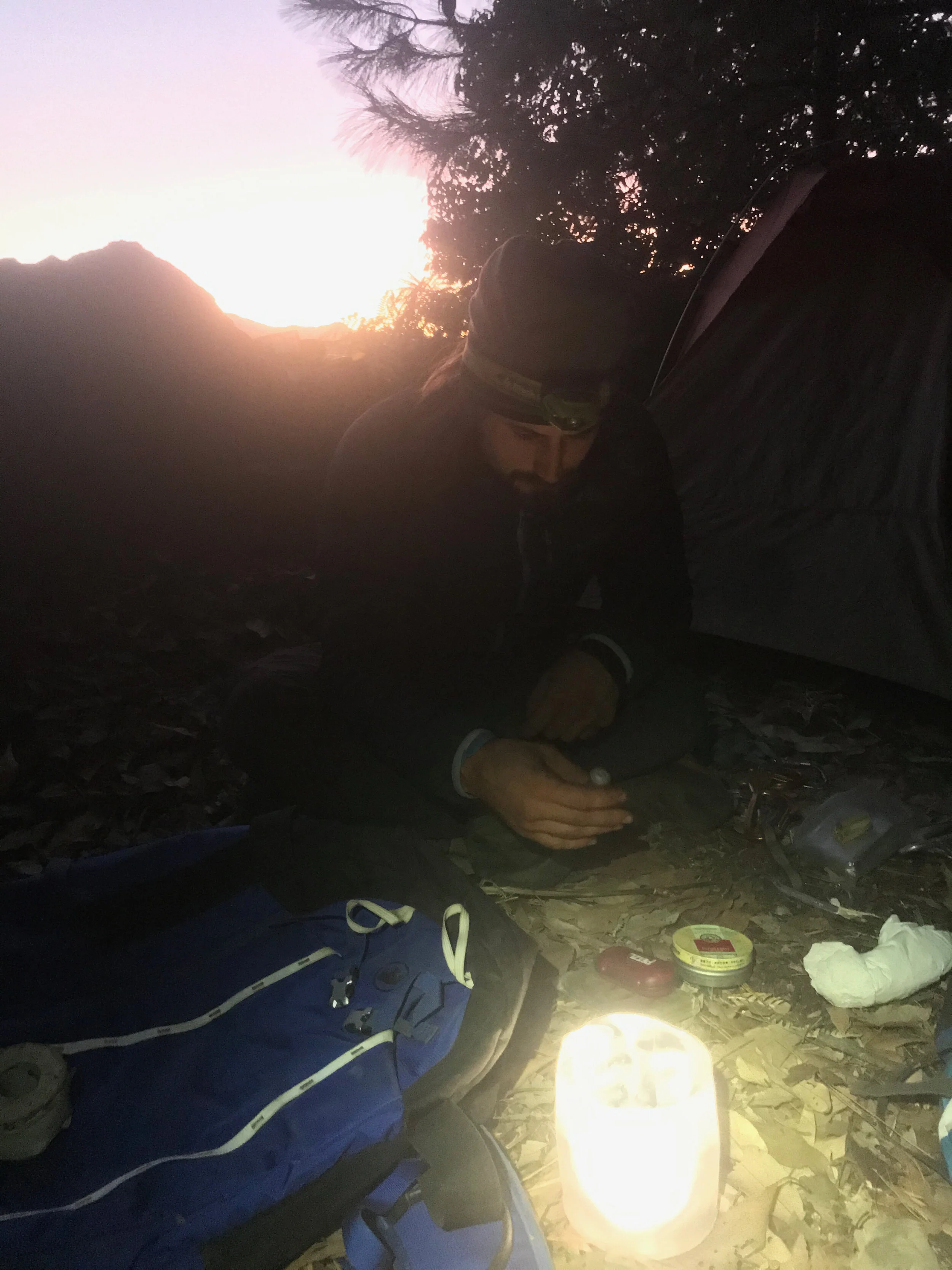Dane enjoys a relaxing sunset from temple base camp after completing “Allegory of the Caves.”