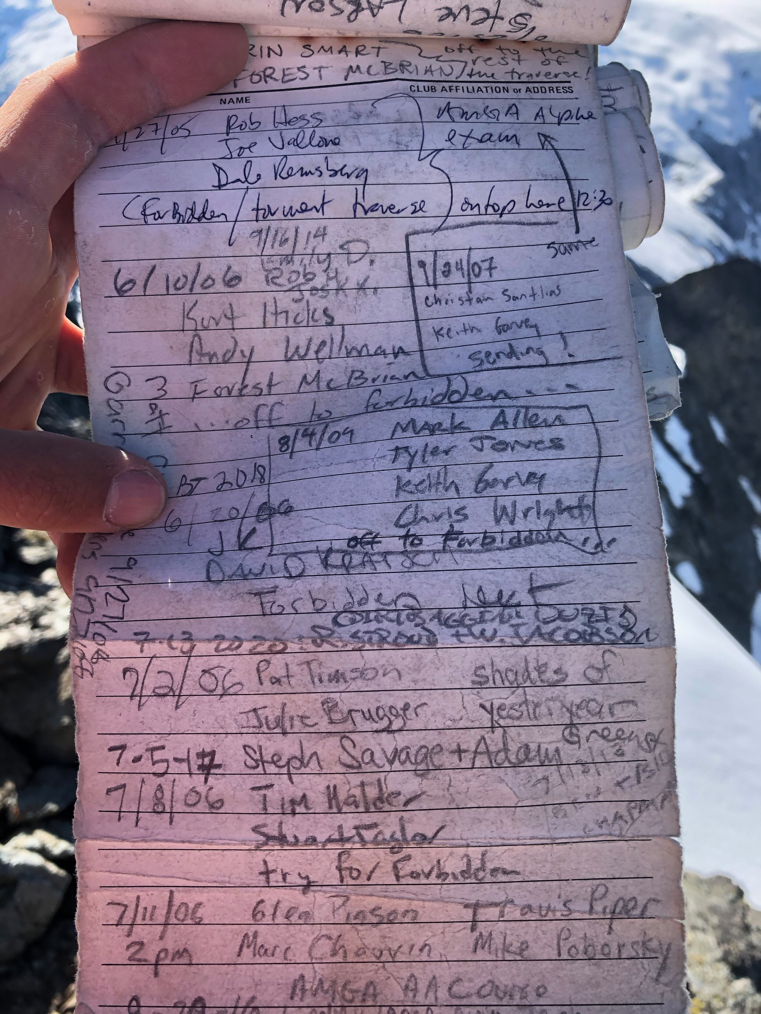 One of the few blank lines left in the summit register’s pages put us back some 14 years ago. I came across some names of my AMGA instructors from years past, including Mark Chauvin, Dale Remsberg, and Rob Hess. Some climbing history!
