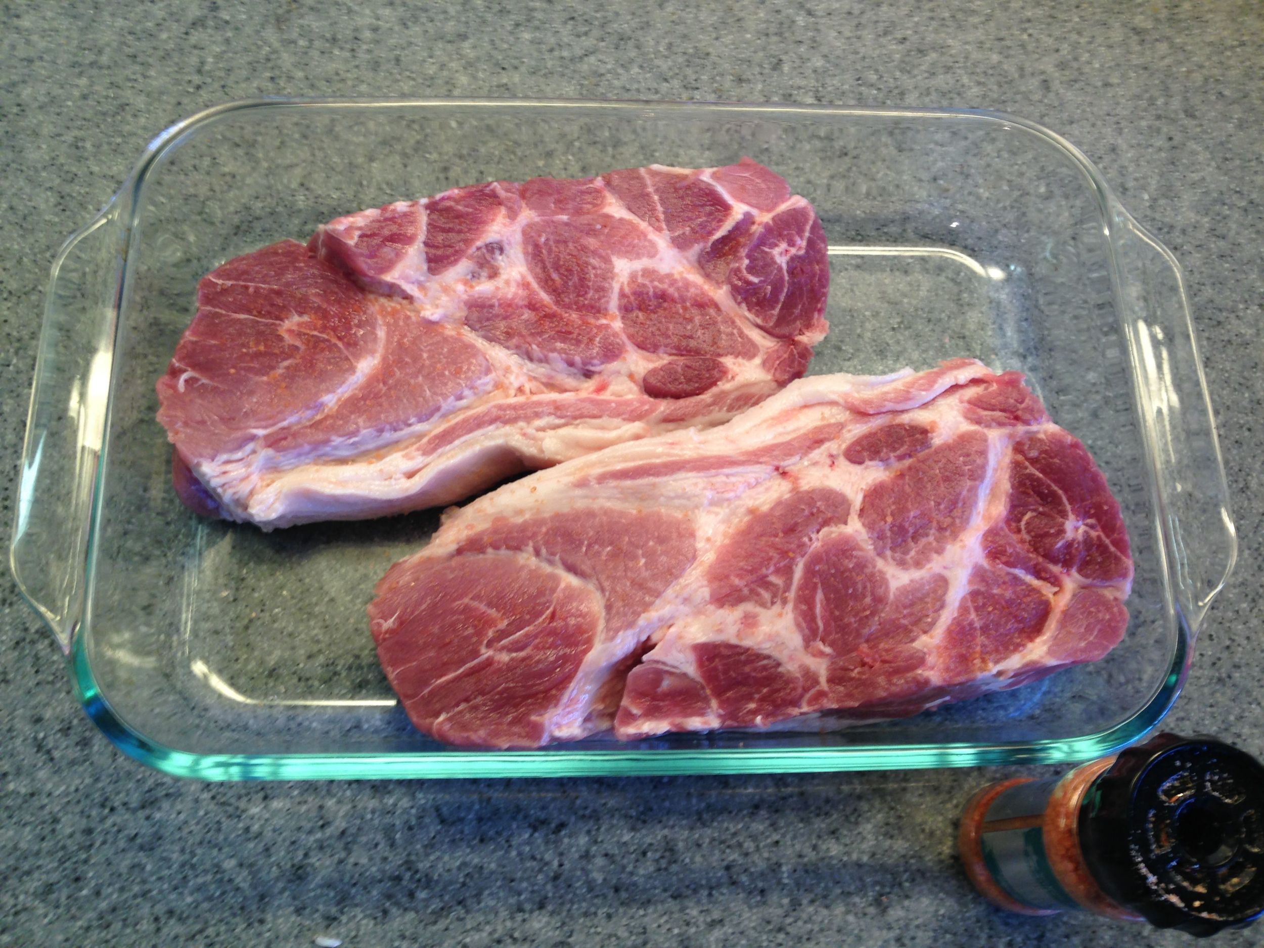 Slabs put into a baking dish and salted liberally. I used Hawaiian sea salt, but any will do.