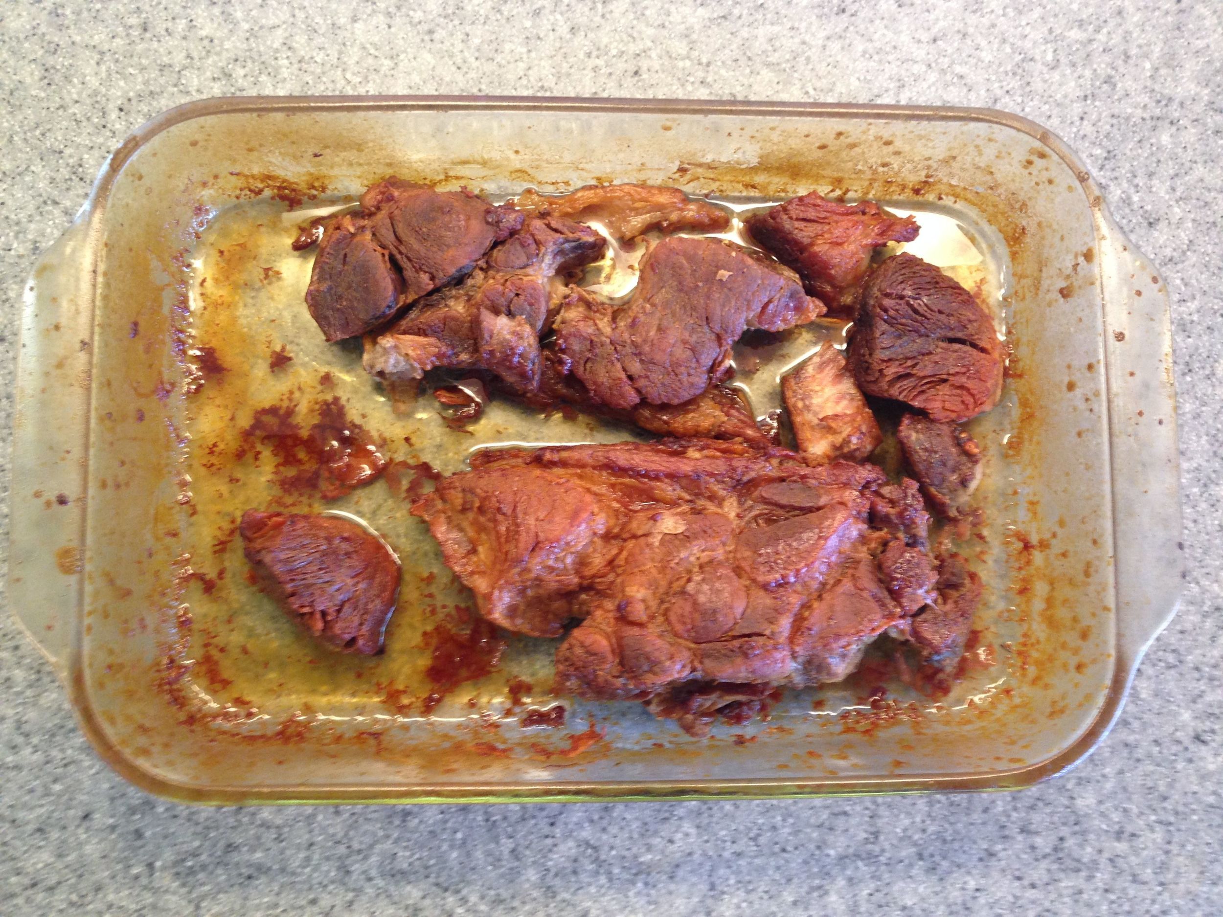 Increase heat to 450 and watch carefully. Turn every 10 minutes at a minimum. When the water evparotes, the meat will start frying in its own fat. The result is crispy golden brown on the outside and soft and moist on the inside. CAUTION: At this point the meat is very hot and not unlikely to splatter when turned!