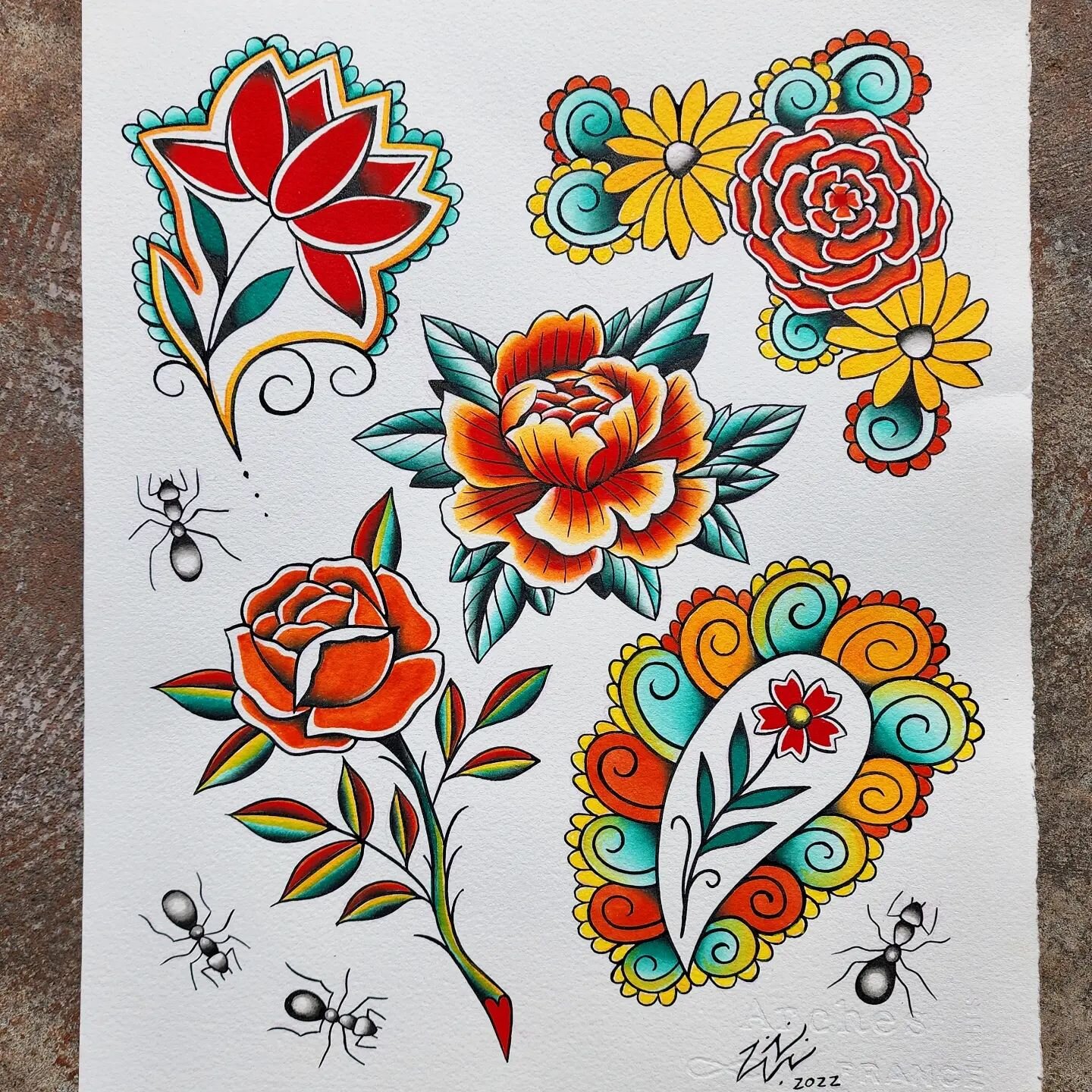 New hand painted designs I would like to tattoo. These would also work well done in black and gray.  DM me for booking information. Thanks! #handpaintedflash #traditionalflash #brushlines #arkansastattoos #arkansastattooartist #thenaturalstate