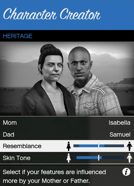 The heritage option in the GTA Online character creation screen in a personal screenshot from Grand Theft Auto V , by Rockstar North, September 17, 2013.
