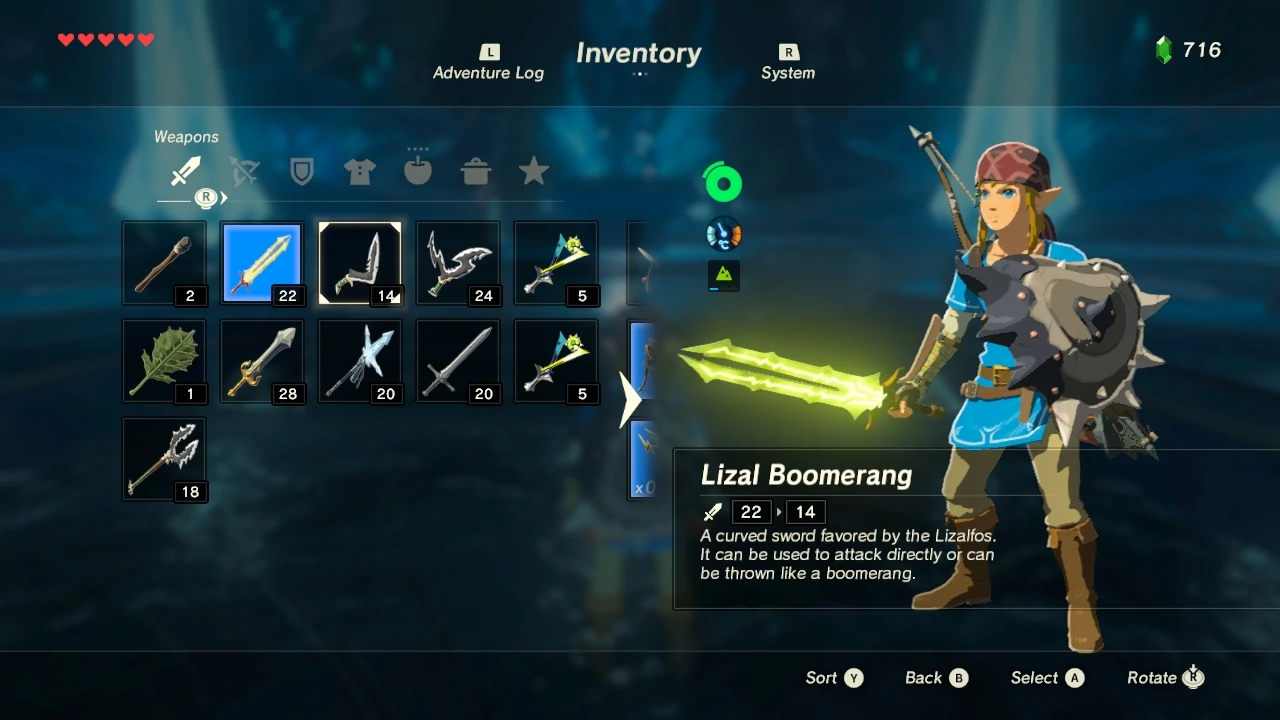 Screenshot of The Legend of Zelda: Breath of the Wild's pause menu