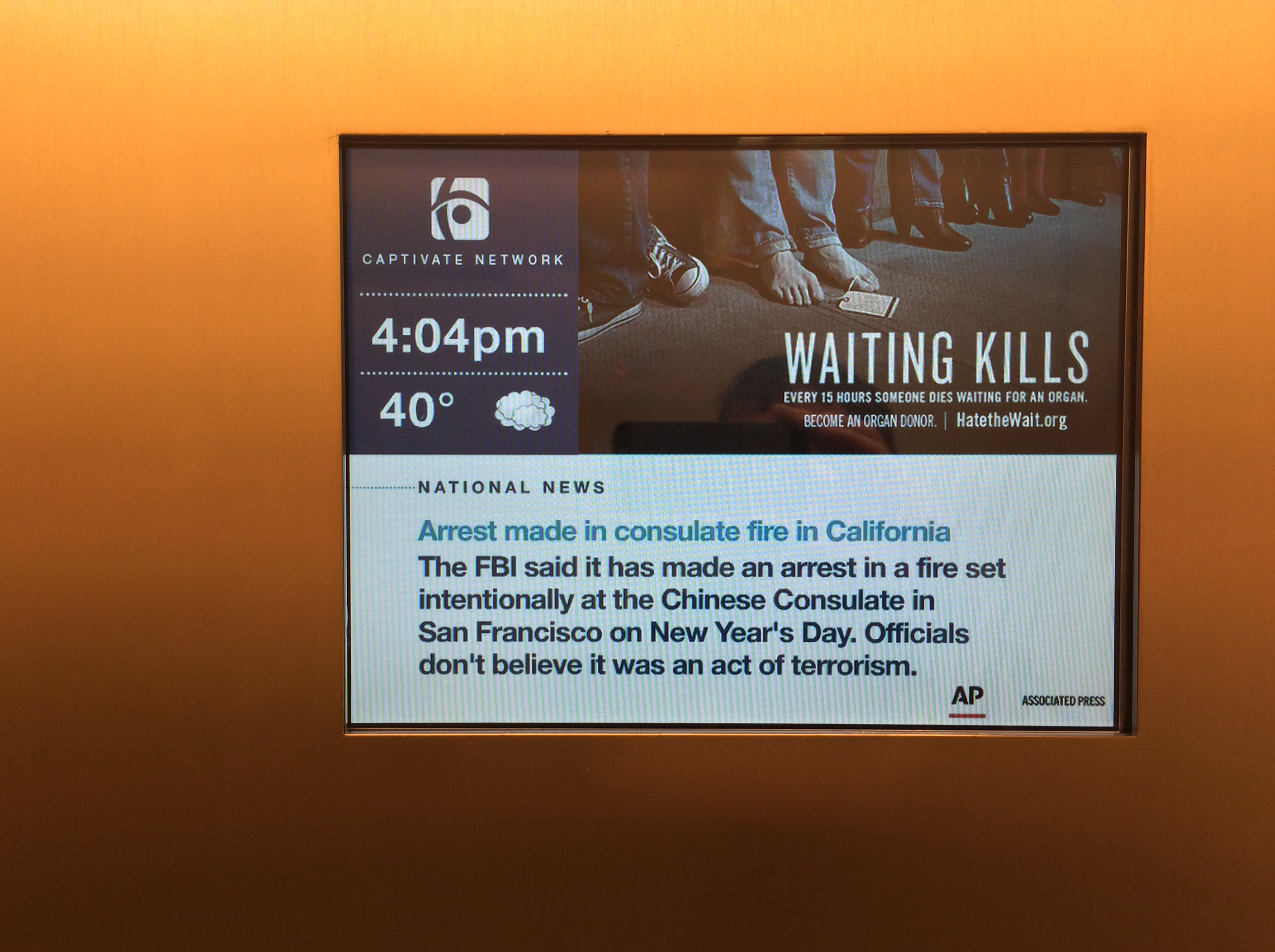 Inside elevator where people wait