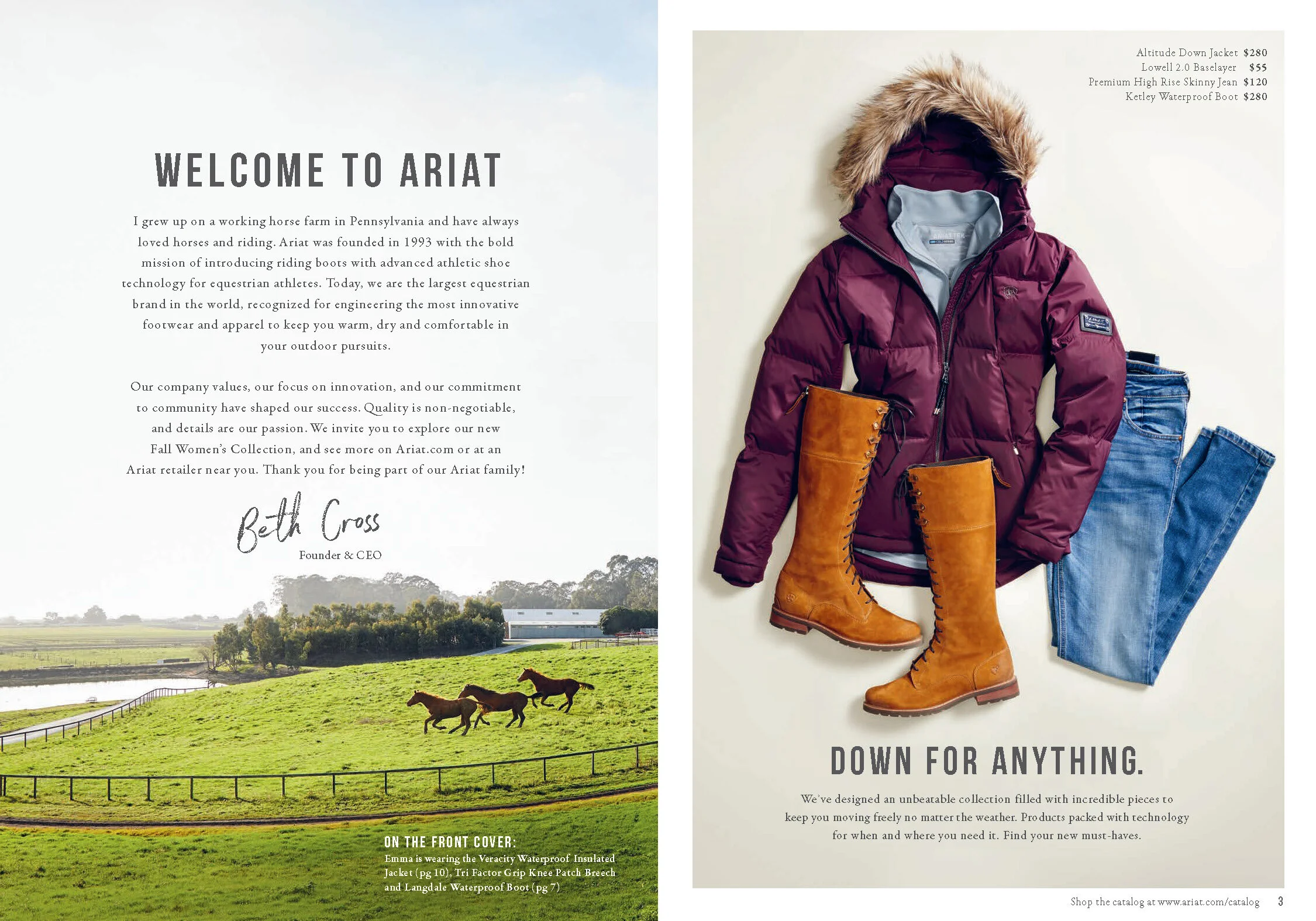  Two pictures. The left is a farm lanscape with three horses runnning through the scene. The right is a still life of Ariat boots, jacket and blue jeans. 
