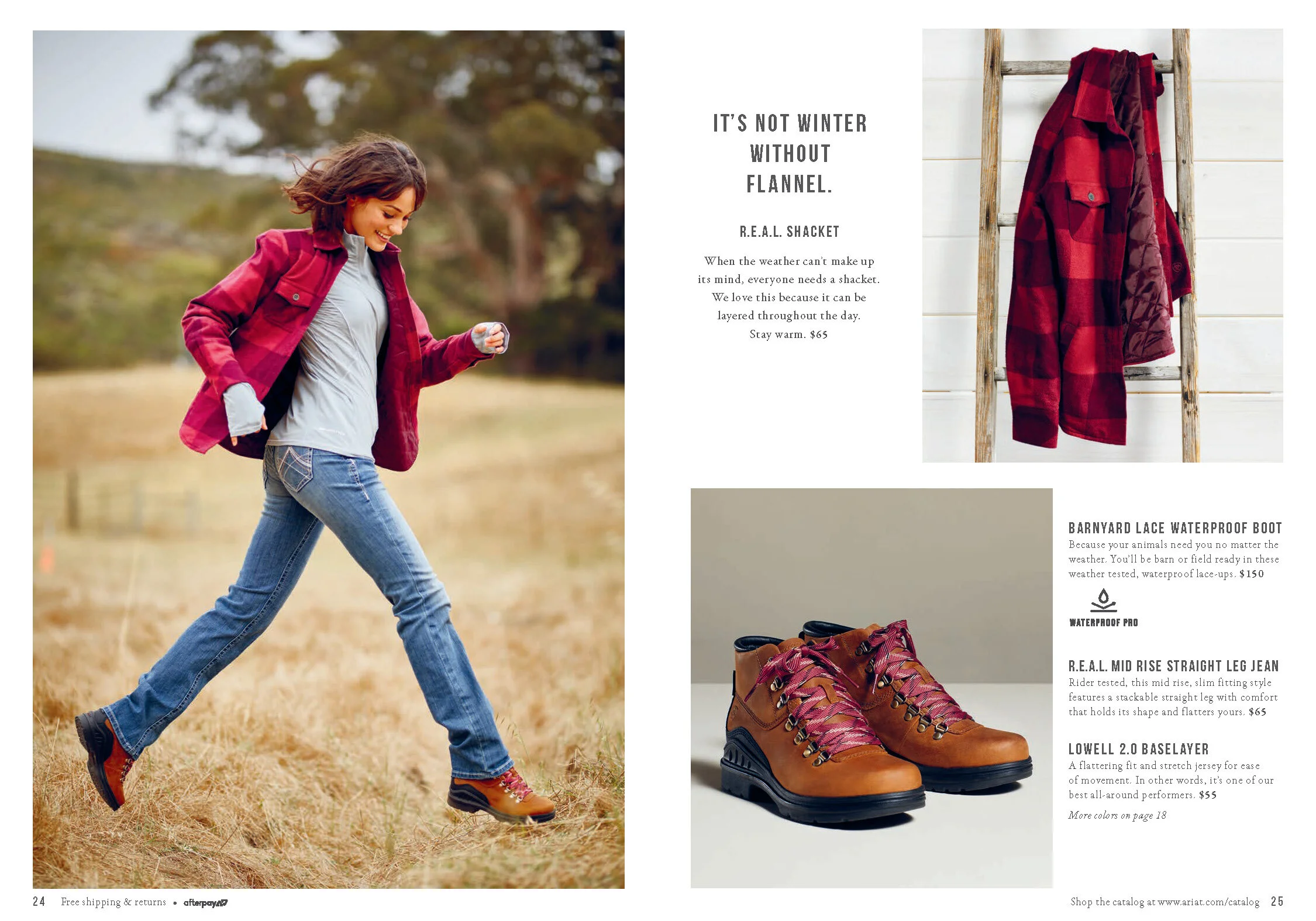  Three pictures of Ariat's Barnyard lac waterproof boot, R.e.a.l mid rise straight jean, and Lowell 2.0 baselayer. 