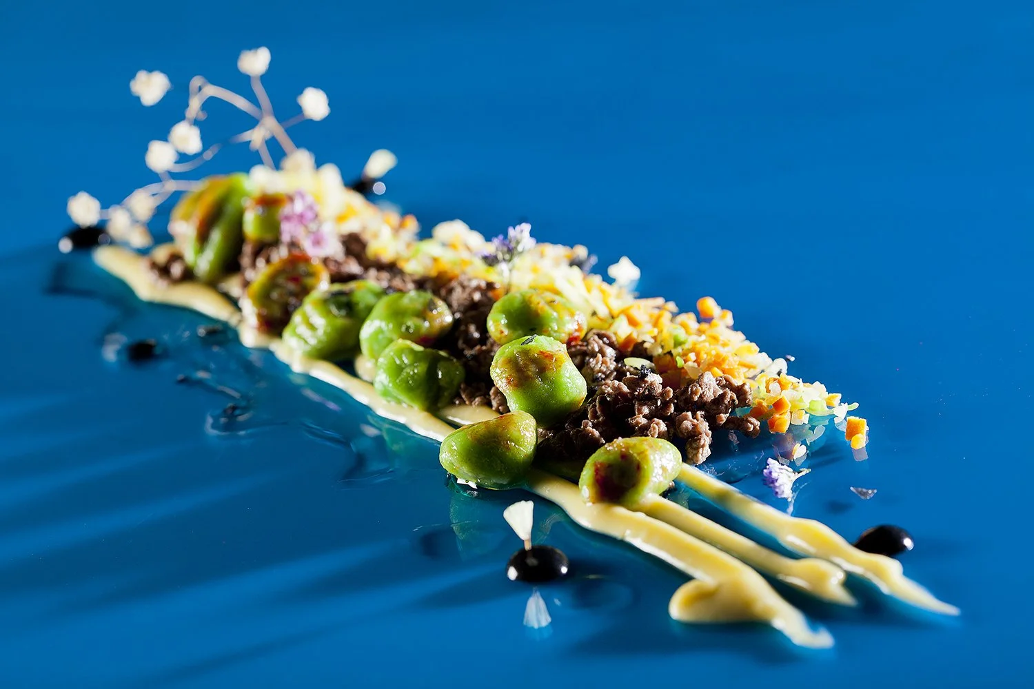 Fine dining plated dish with sauce swoosh on a blue background - editorial magazine food photography
