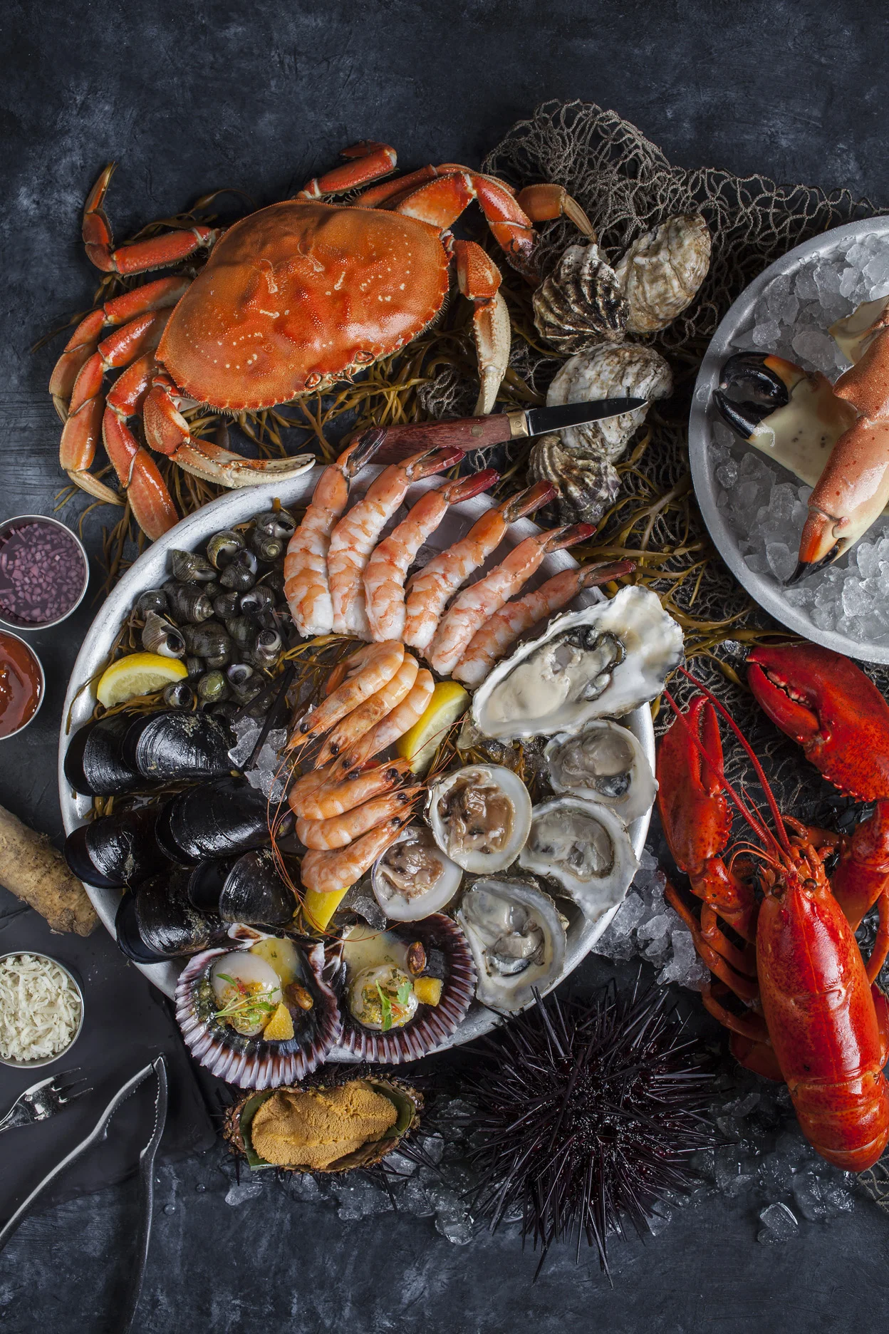 Water Grill seafood platter with crab, oysters and prawns, Orange County restaurant photographer