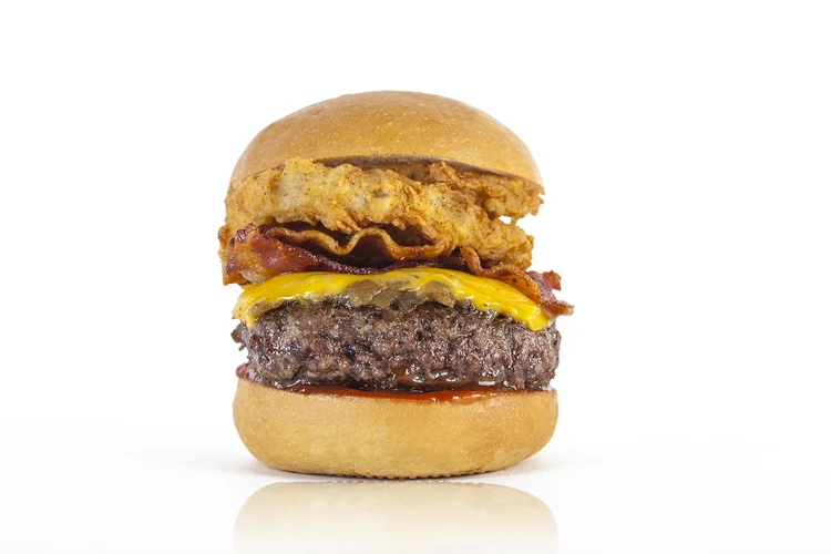 Fried chicken burger with bacon on a white background - white background food photography