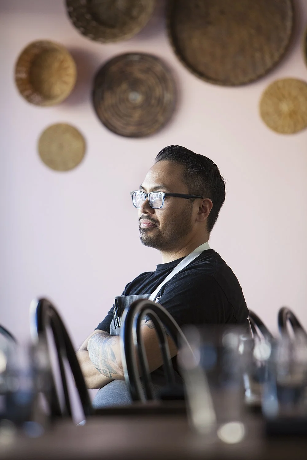 Chef filmed and photographed on location in a Los Angeles restaurant kitchen