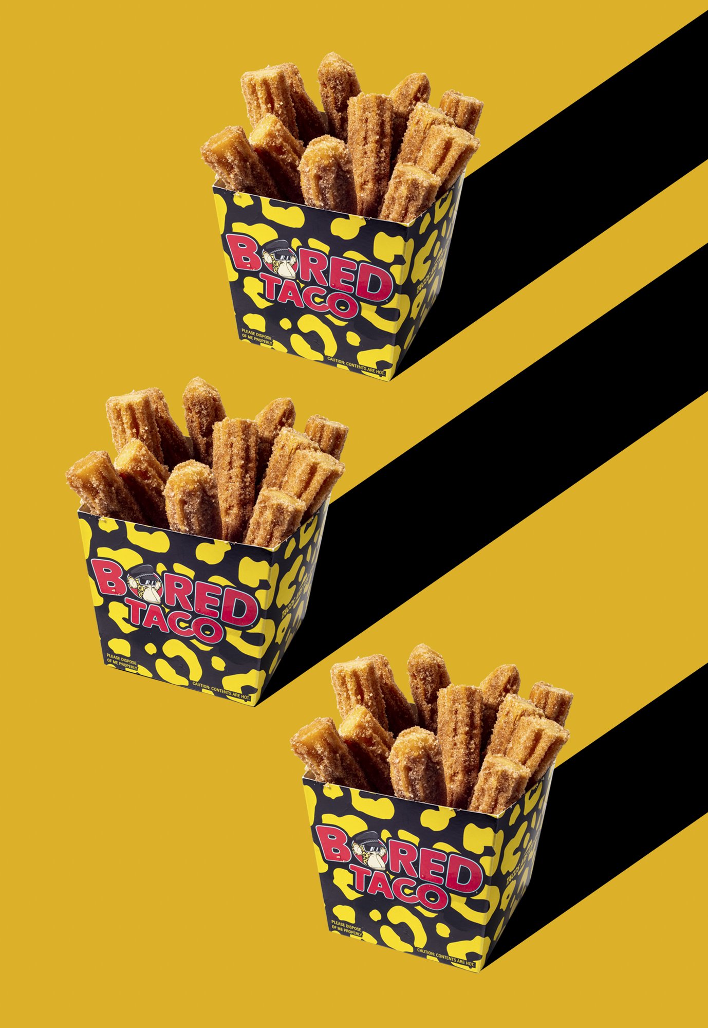 Three cups of churros with a yellow and black leopard print design, labeled 'Bored Taco', arranged vertically with black diagonal stripes in the background.
