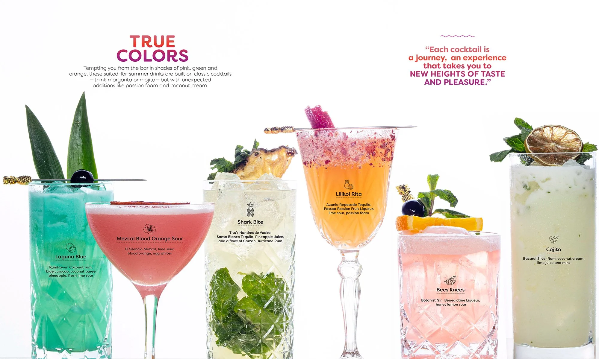 Magazine spread of colorful garnished cocktails - editorial beverage photography