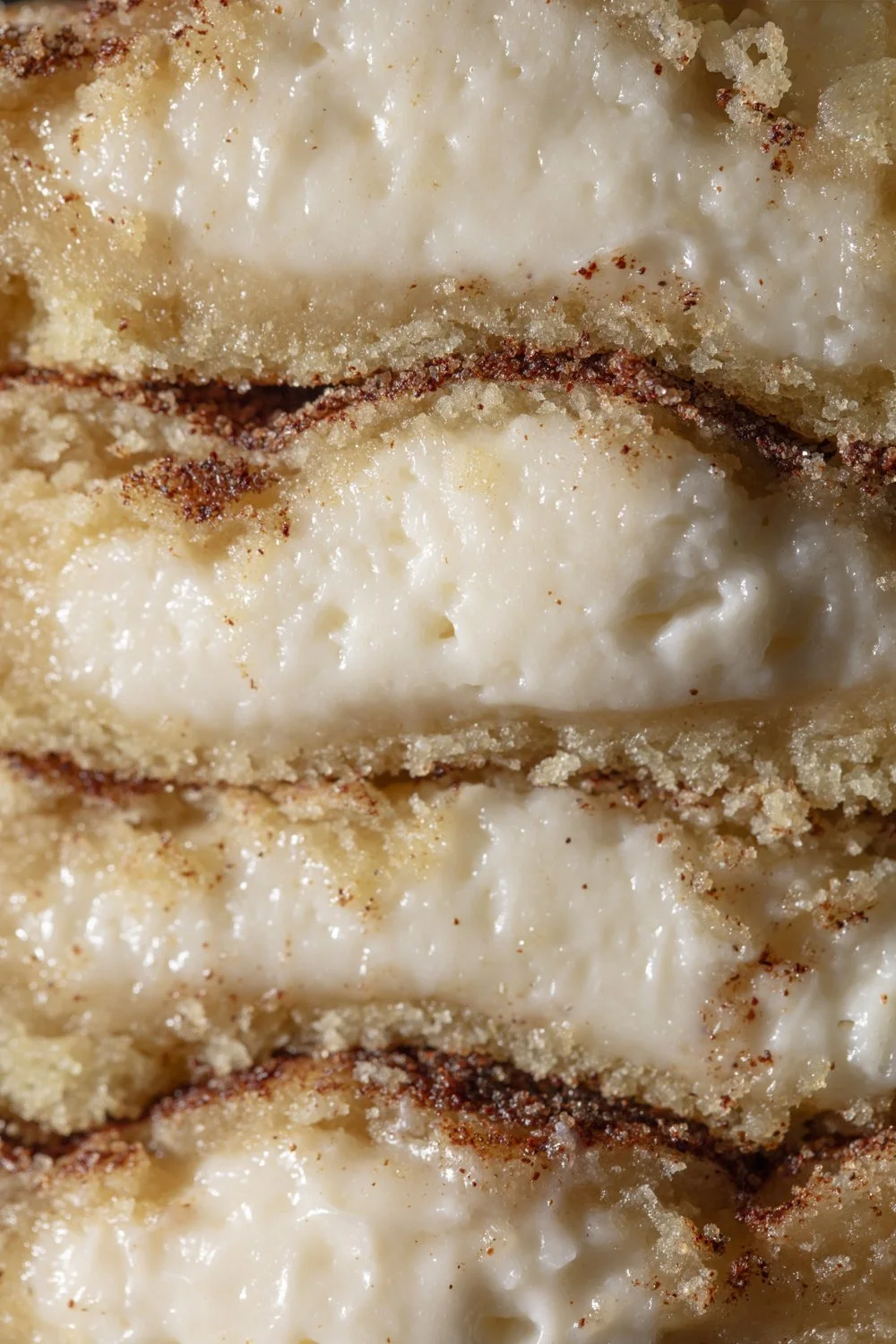 Close-up of layered dessert with creamy filling, crumbly crust, and cinnamon sprinkled on top. Orange County food photographer and stylist 
