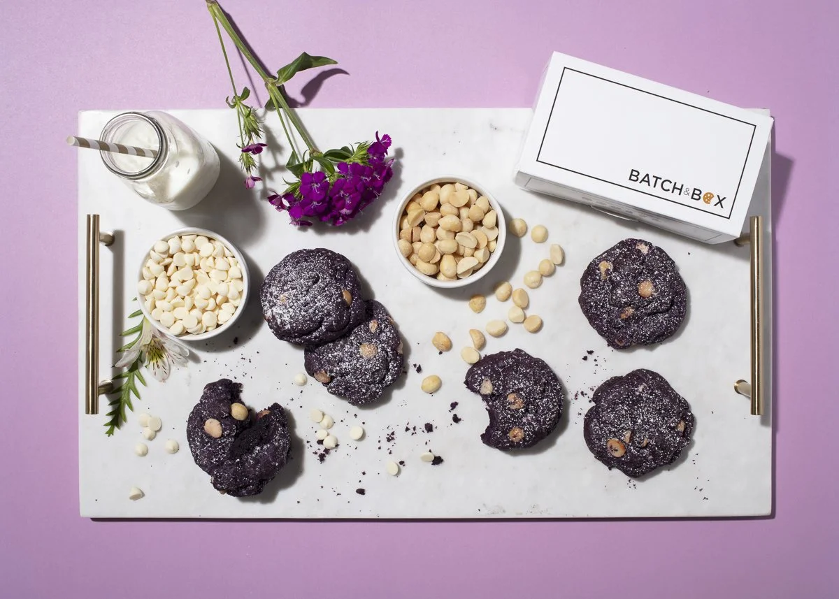 Flat lay of cookies and ingredients for Batch and Box - San Diego food photographer and stylist - Plate to Pixel 
