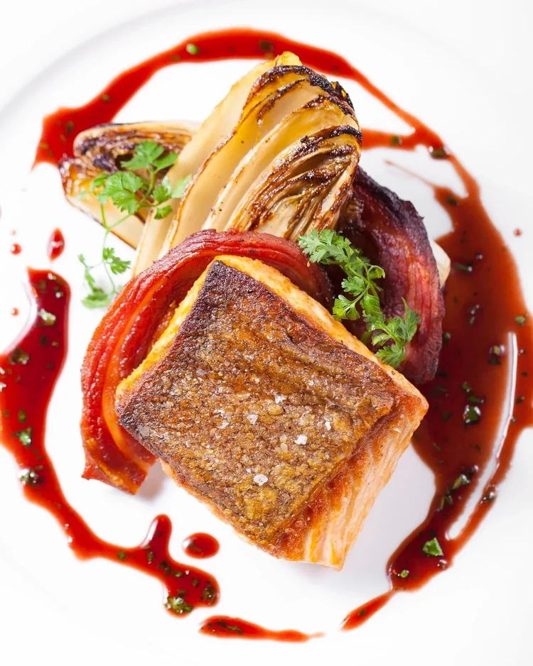 Seared fish plated, food photography