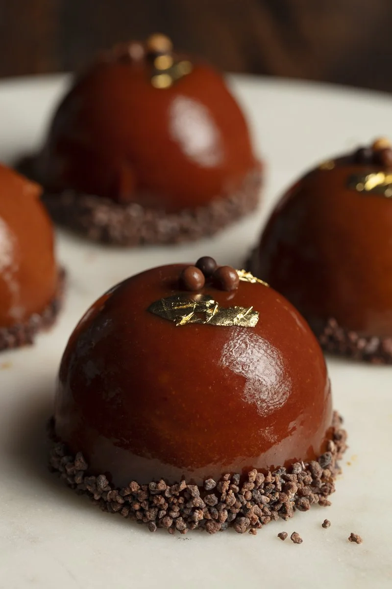 Close-up of three glossy, round, brown pastry desserts topped with gold leaf, small brown spheres, and surrounded by chocolate crumbs on a white surface. Scatch bakery - Food photography and styling by Plate to Pixel 