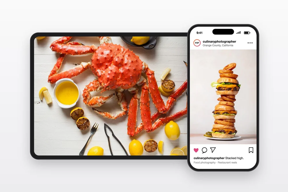 Restaurant food photography shown on a website and Instagram on a tablet and phone, commercial licensing for restaurants