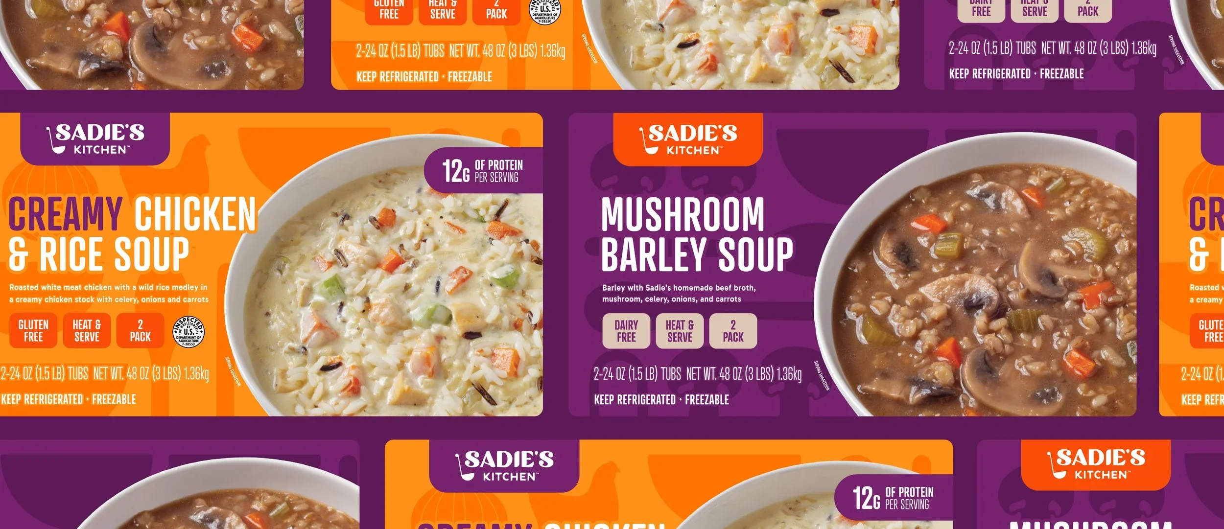 Packaging of Sadie's Kitchen Creamy Chicken & Rice Soup and Mushroom Barley Soup with labels indicating gluten-free, heat and serve, and two-pack options. The soups are in rectangular boxes with images of the soups and product descriptions.