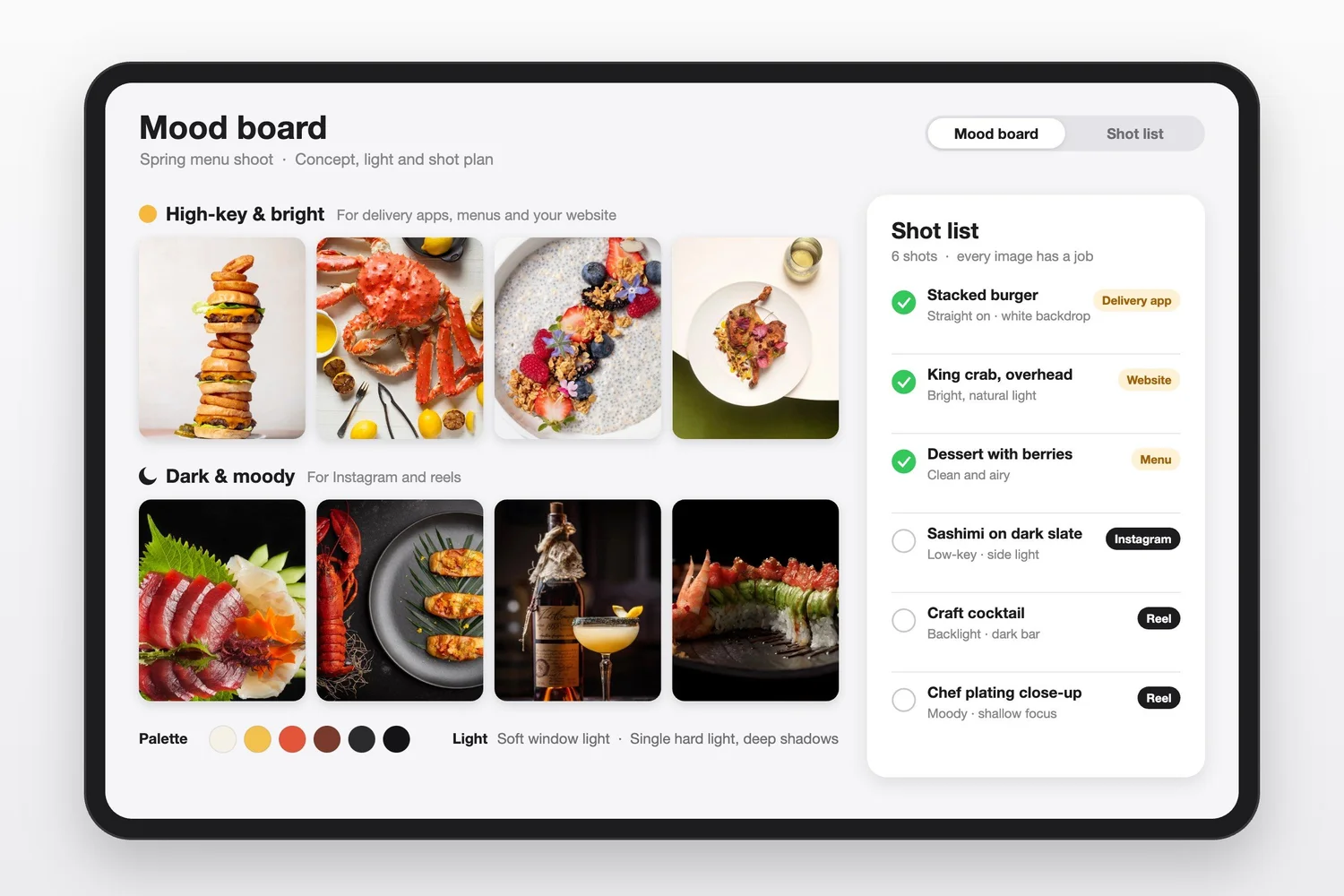 Food photography mood board and shot list used to plan a restaurant photo shoot