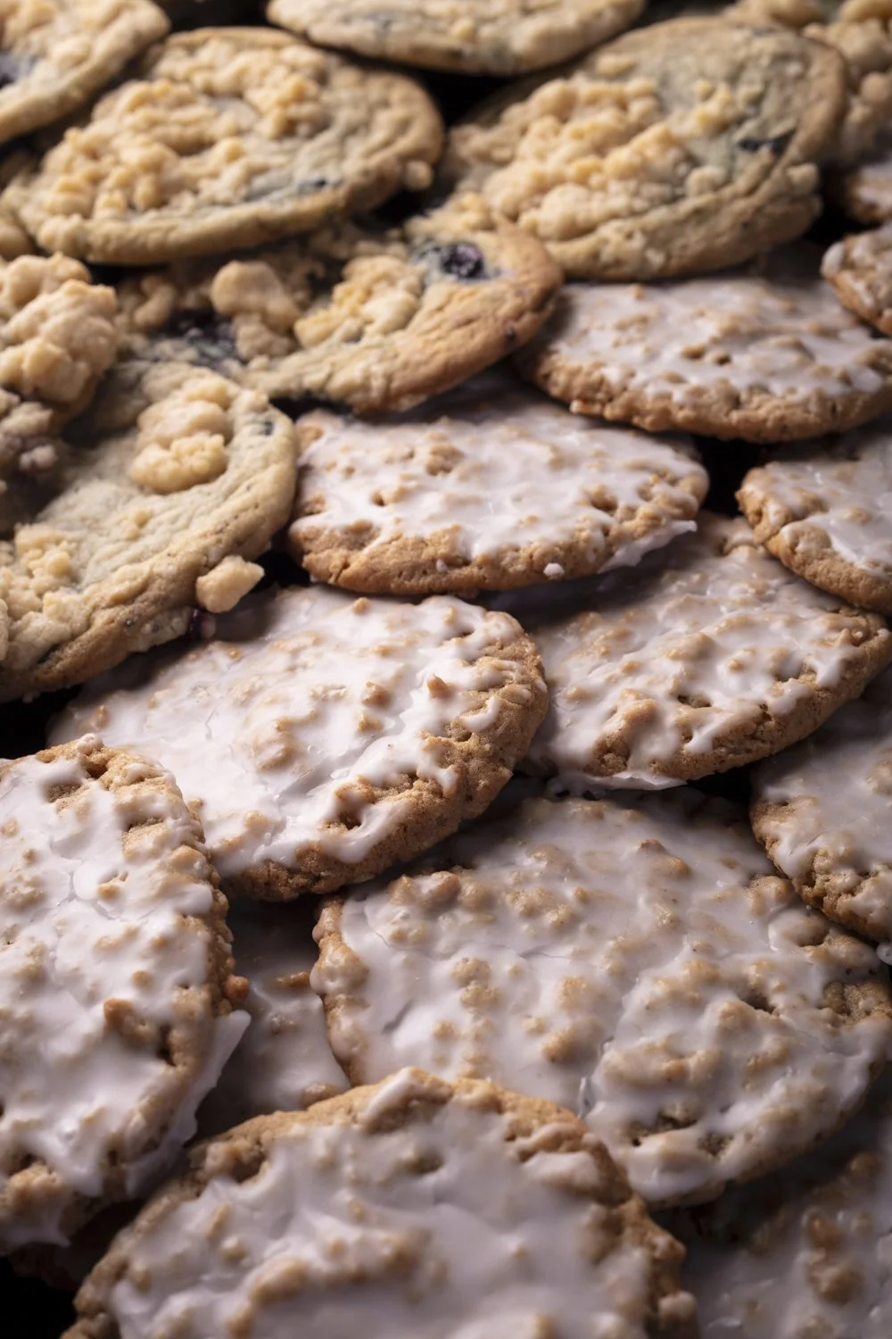 Close-up of assorted cookies, including oatmeal and chocolate chip, some with white icing. Food stylist and photographer serving San Diego 
