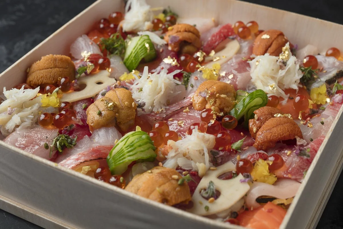 Assorted raw fish and seafood slices topped with roe, sea urchin, crab, and garnishes in a wooden box.