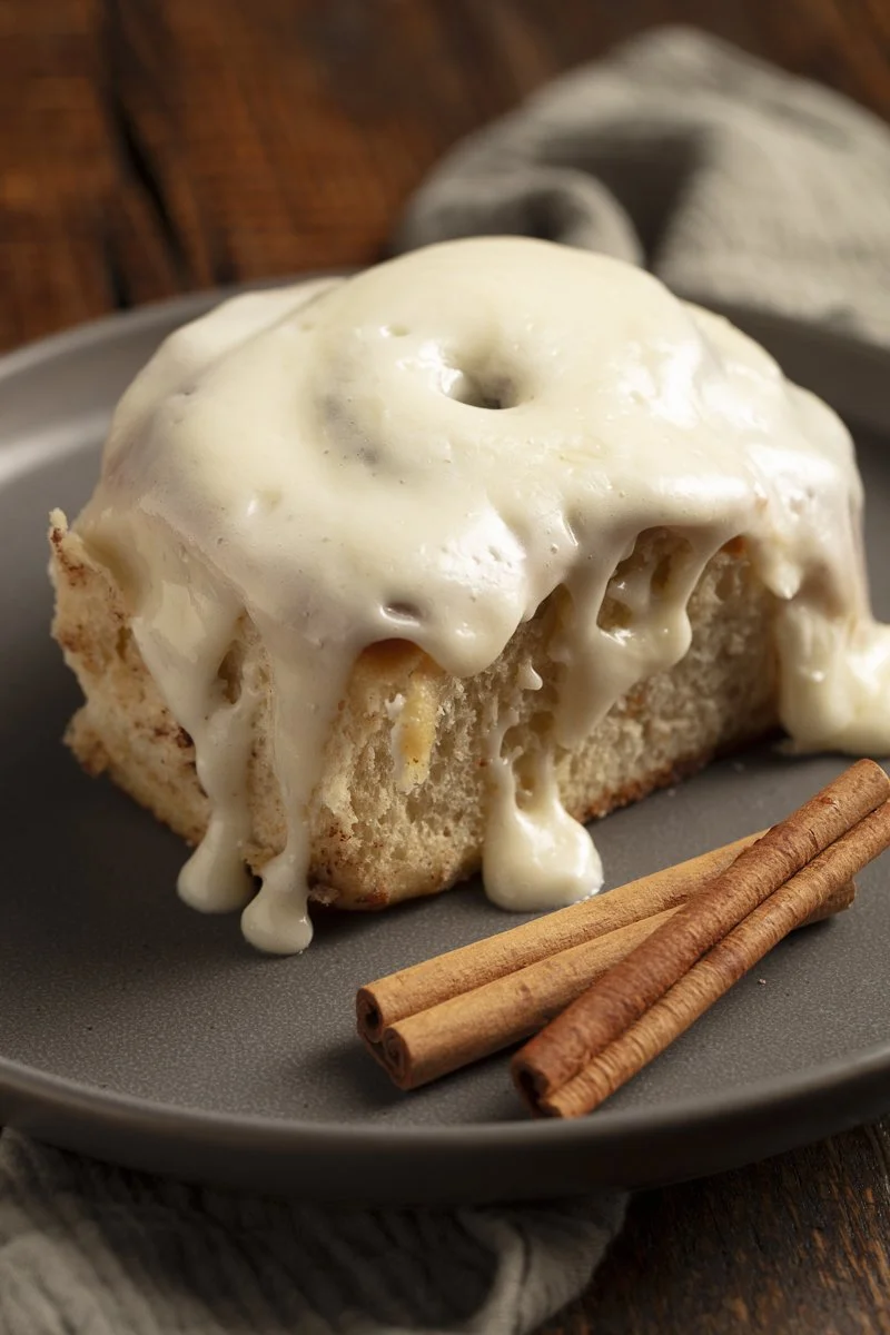 A slice of cinnamon roll cake with white icing on top, served on a gray plate with two cinnamon sticks placed beside it. Los Angeles food photographer and stylist 