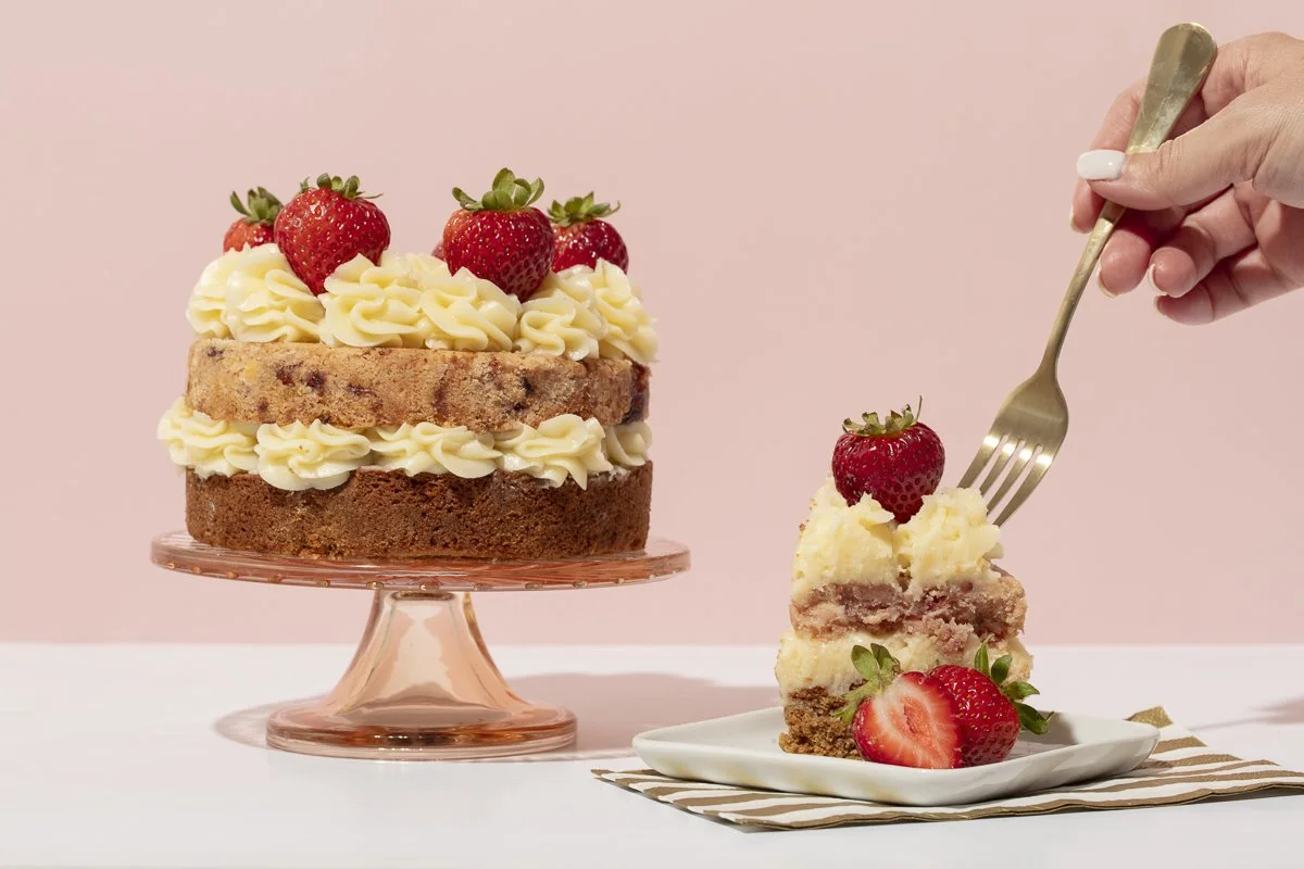 Batch and Box birthday cake with strawberries - San Diego food photographer and stylist 