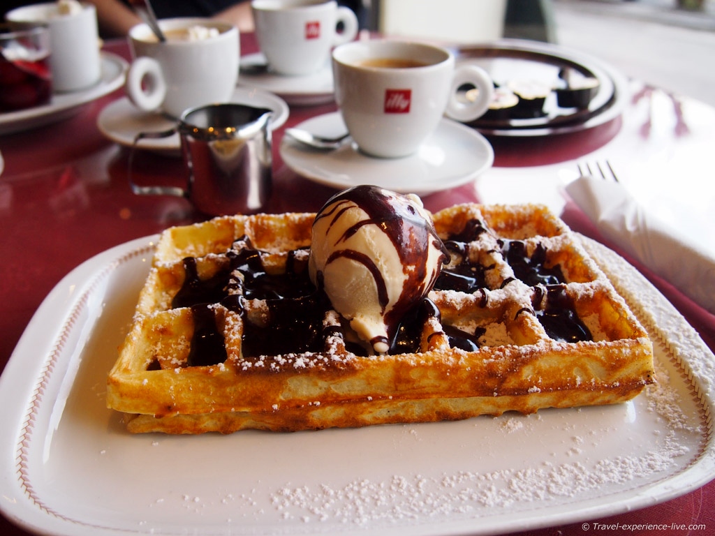 A tasty Belgian waffle in a café in Bouillon.