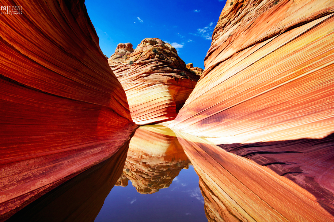 A rare water puddle in the torrid Arizona desert reflecting The Wave