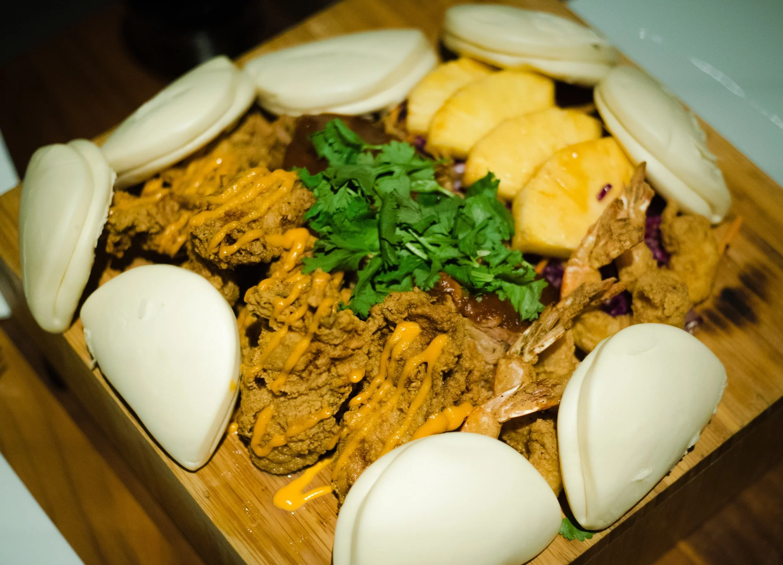 Surf and Turf Steamed Buns - pulled pork, bbq pineapple and cilantro - make it yourself!