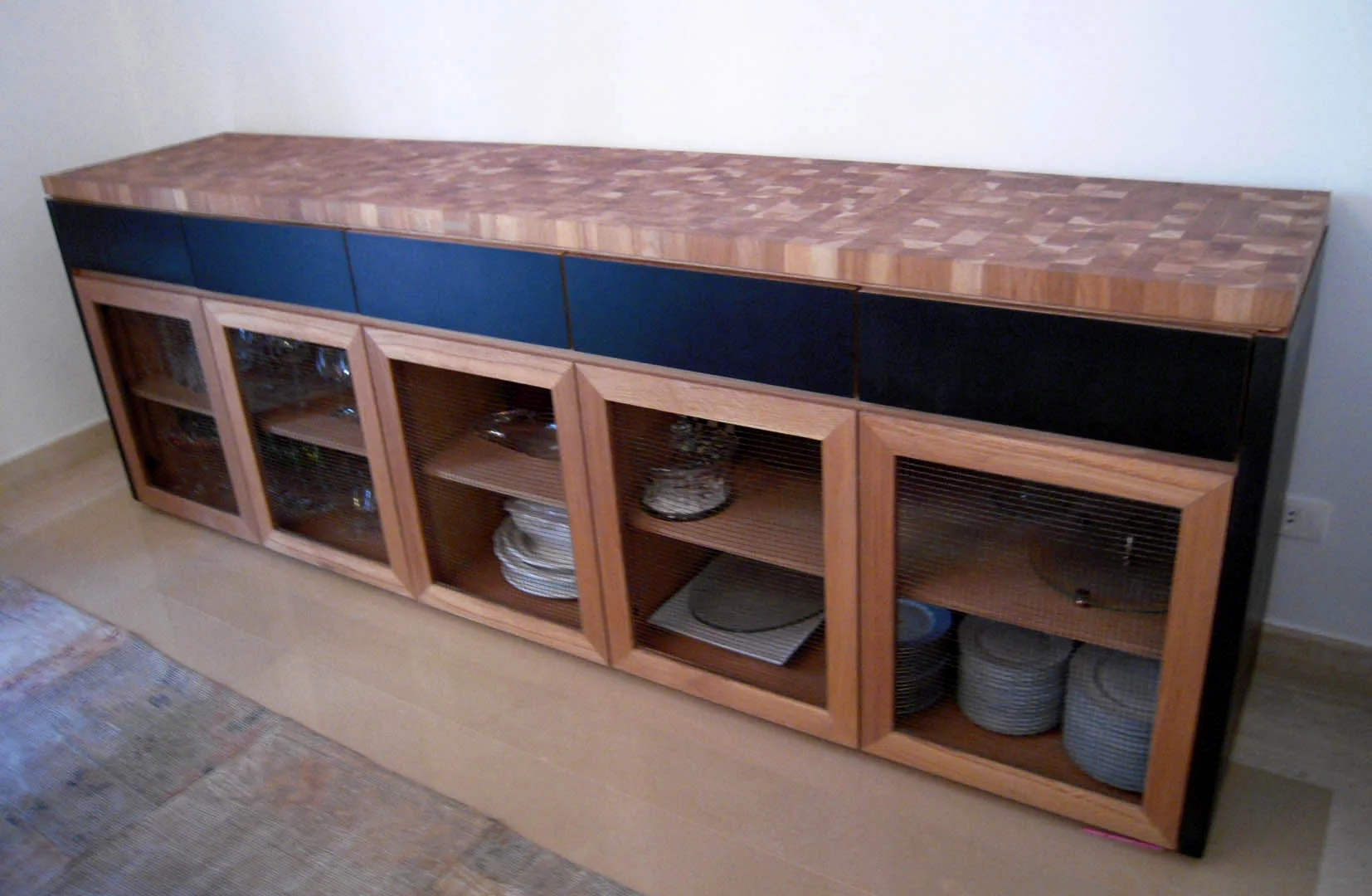 French oak butcher block, black painted wood and french oak
