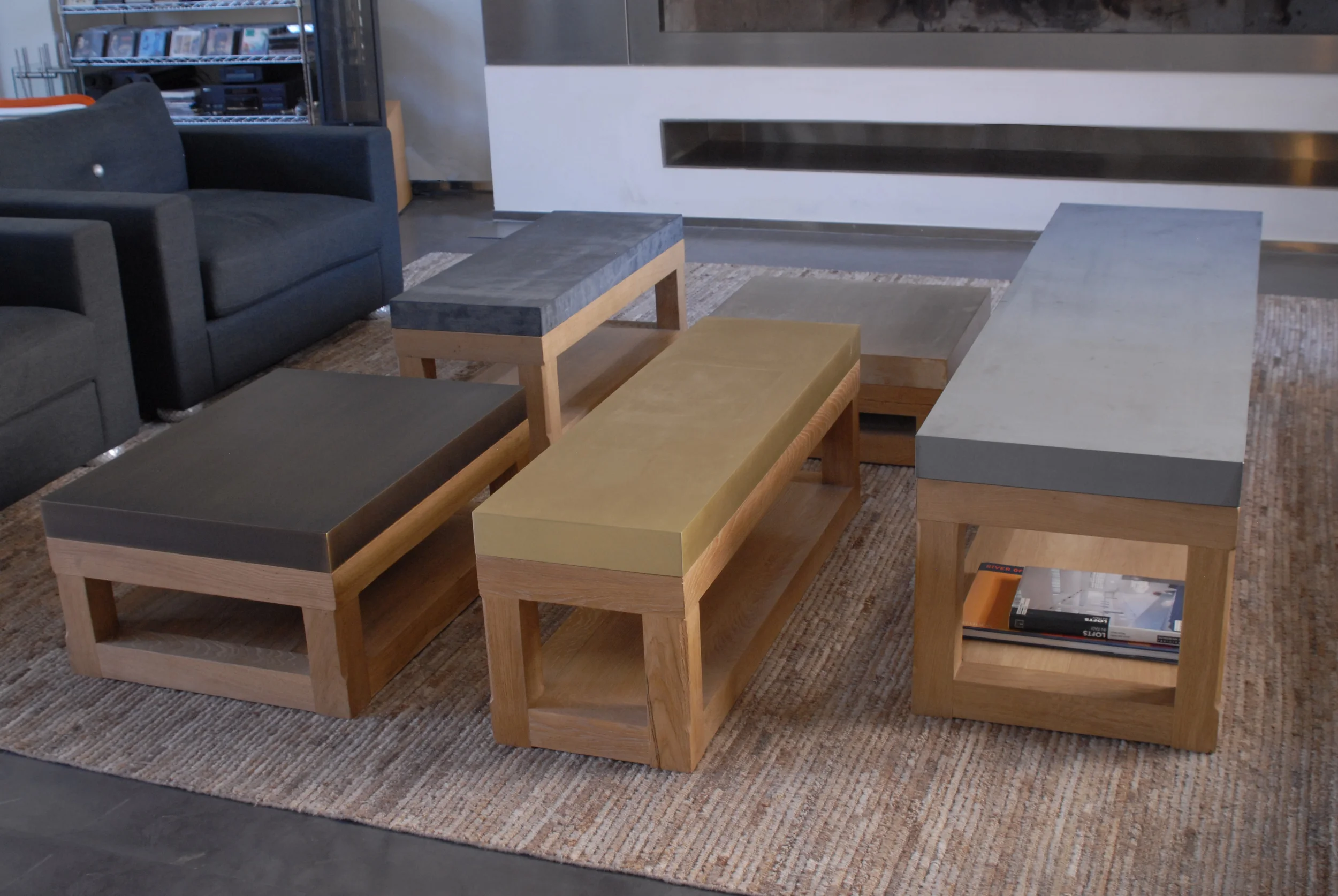 French oak,brass,oxidized brass,concrete,slate and stainless steel