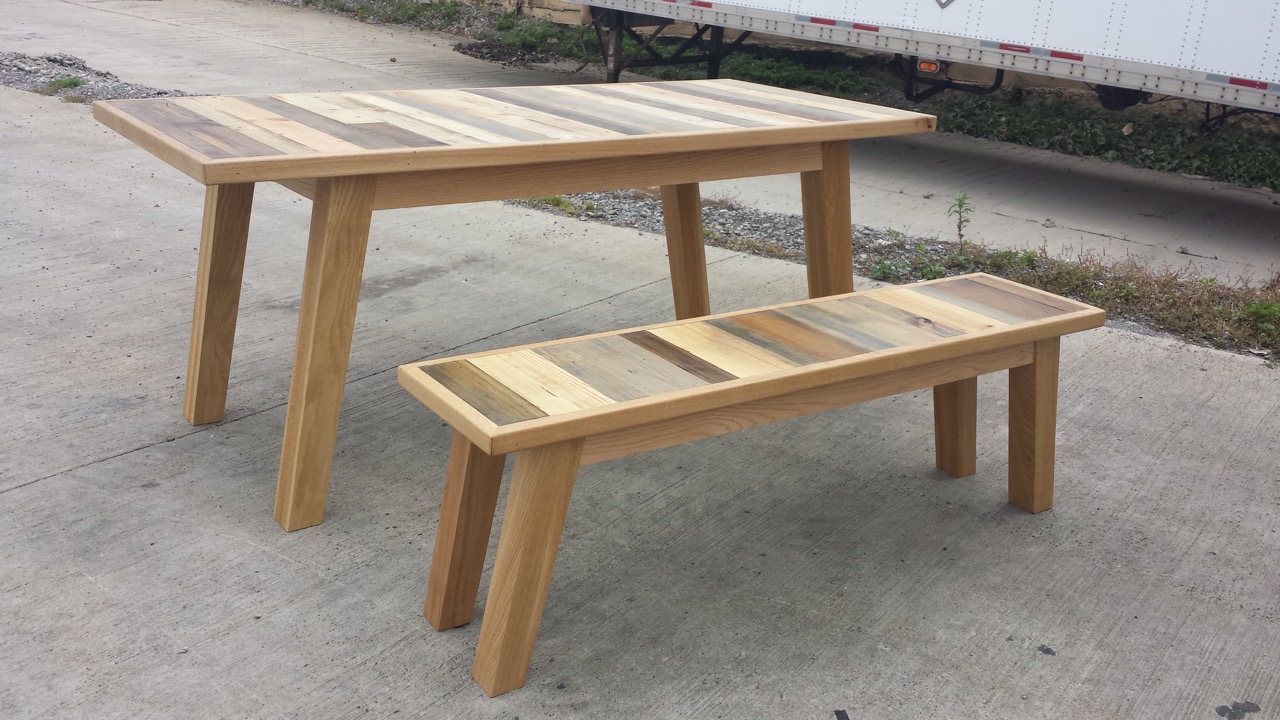 White oak table and bench with reclaimed wood tops