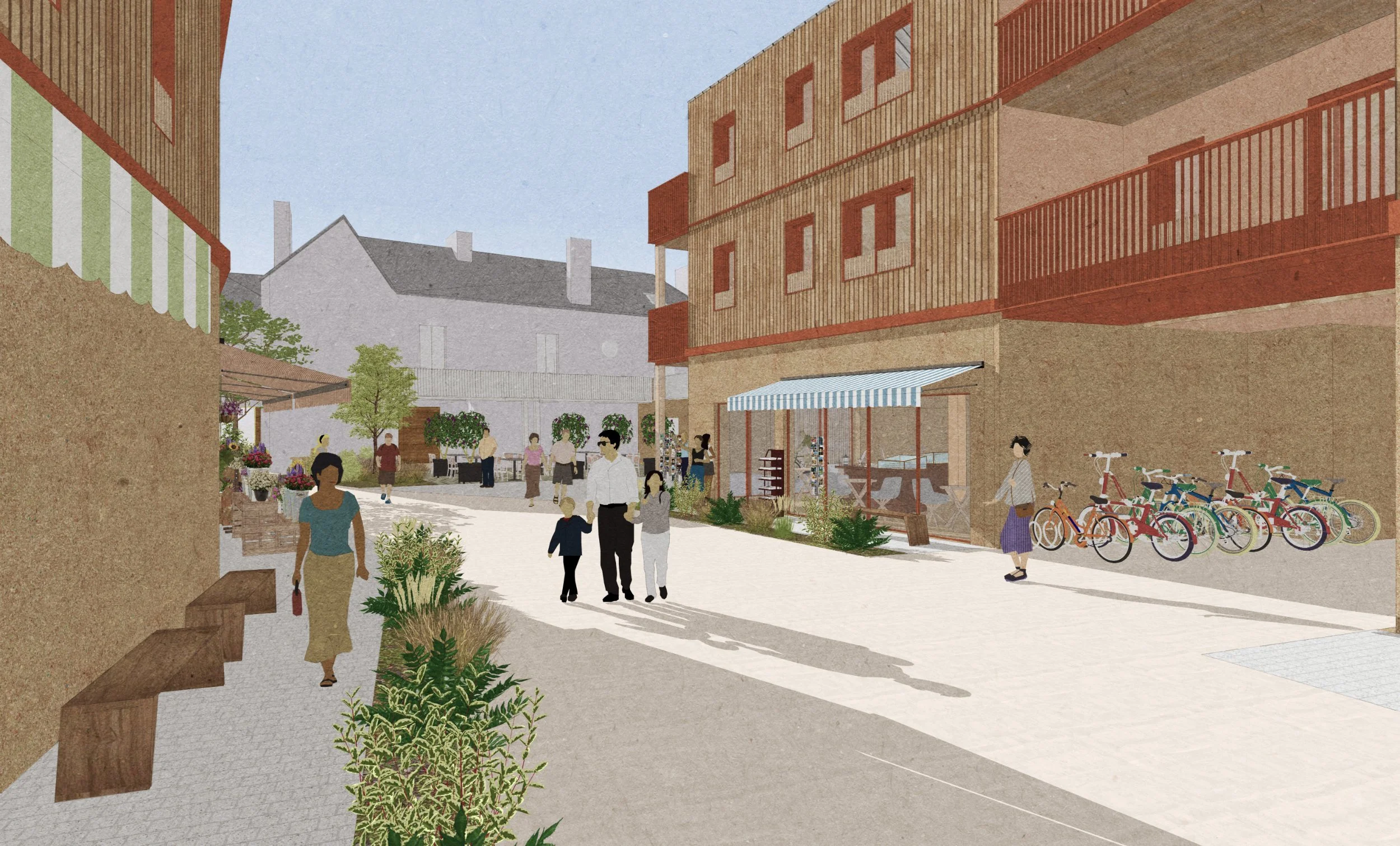 Rue commerçante de l'îlot Libeau à Carquefou : logements en ossature bois sur rez-de-chaussée commercial