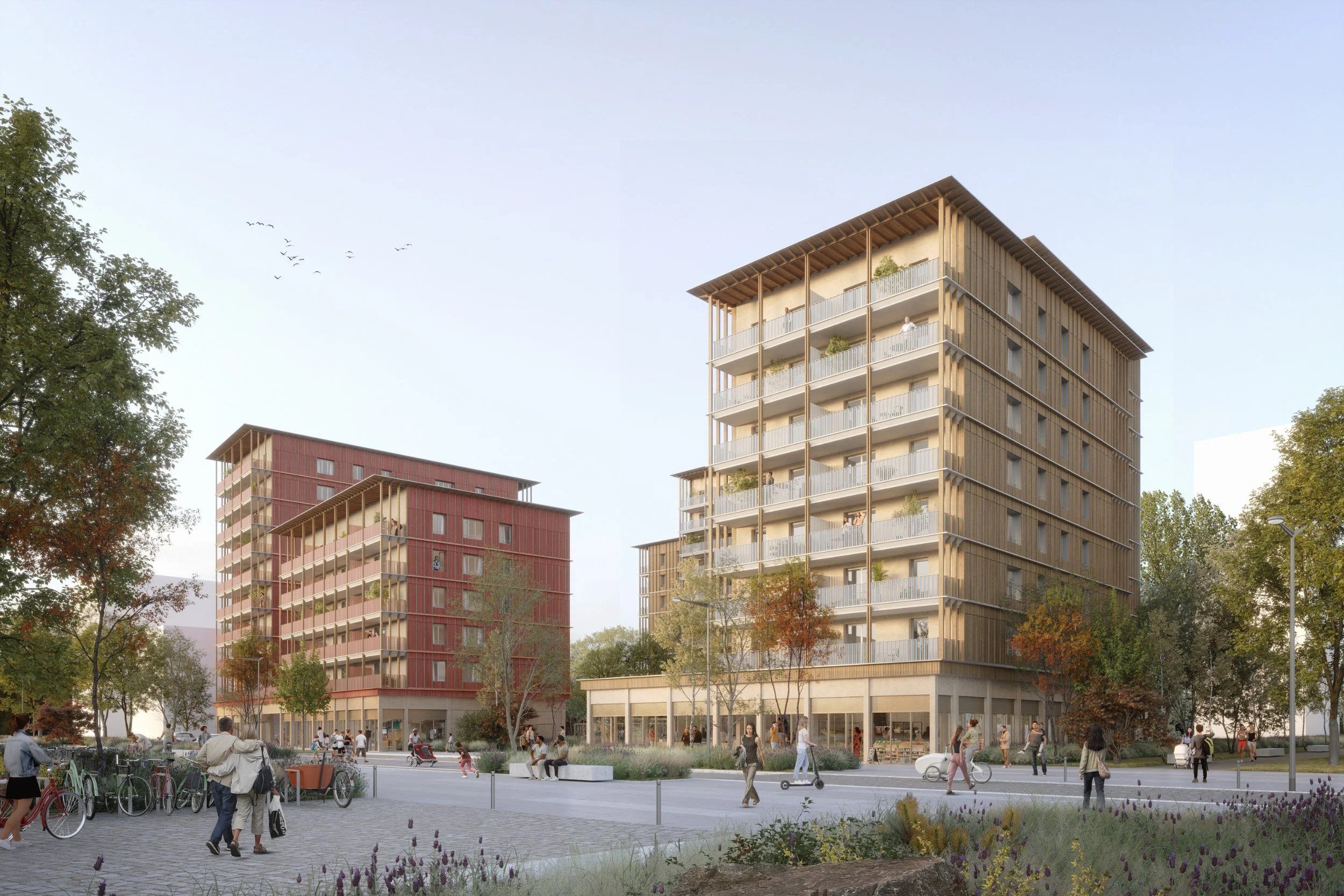 Îlot A2b à Pirmil-les-Isles, Rezé : perspective réaliste de l'angle sud-est, façades en ossature bois (Air Studio)