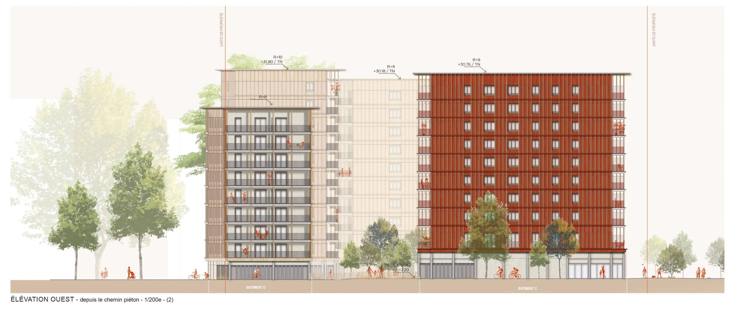 Élévations ouest de l'îlot Pirmil A2b à Rezé : façades en ossature bois à bardage à couvre-joints sur socle commercial