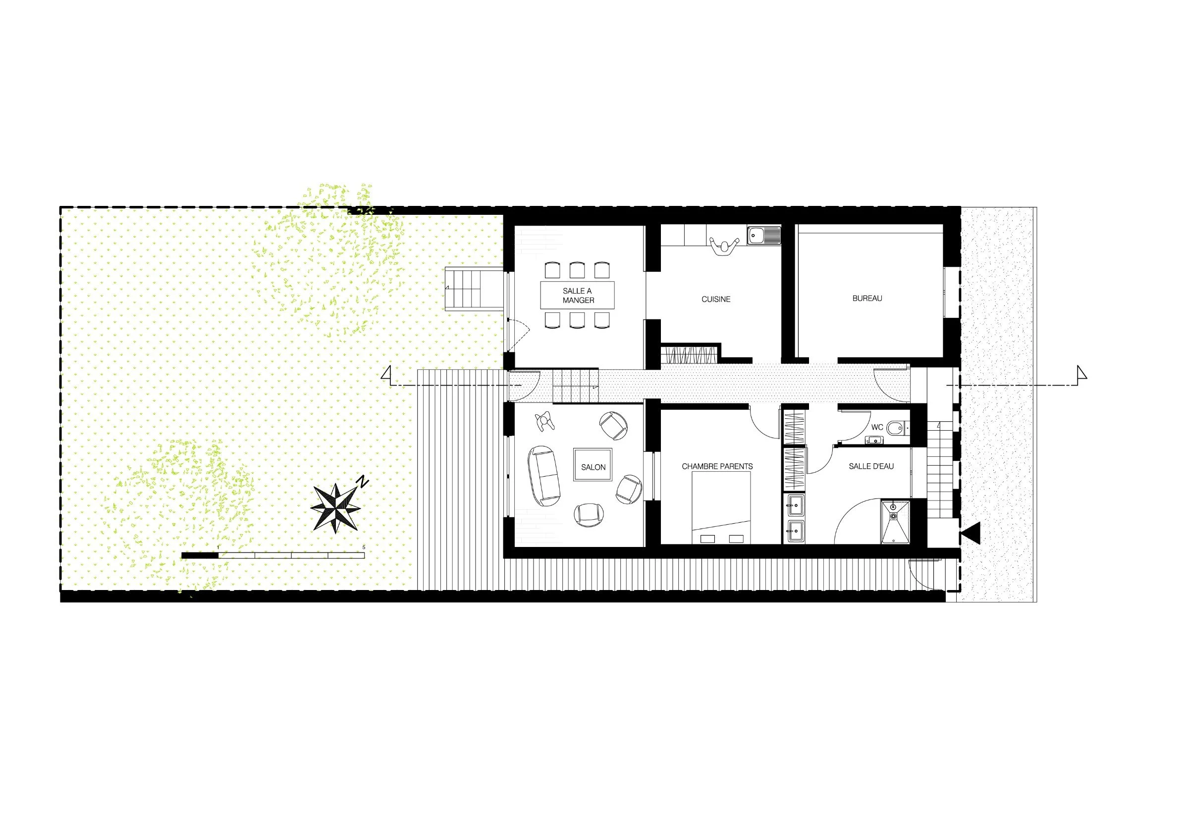 Plan de l'extension ACAJOU après travaux : maison de ville à Nantes, extension en ossature bois ouverte sur le jardin