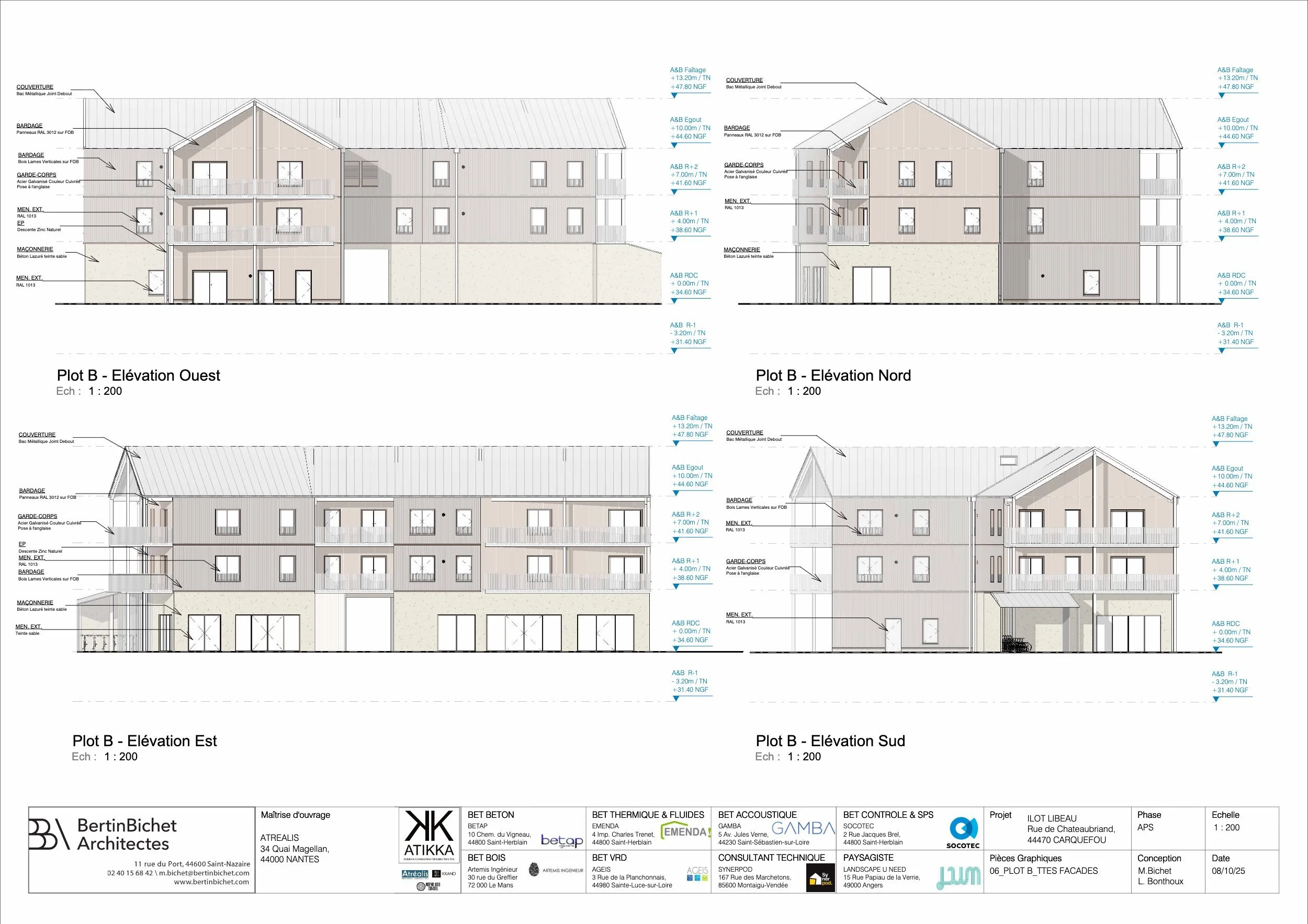 Façades du plot B de l'îlot Libeau à Carquefou : logements en ossature bois, toiture à deux pans, socle commercial