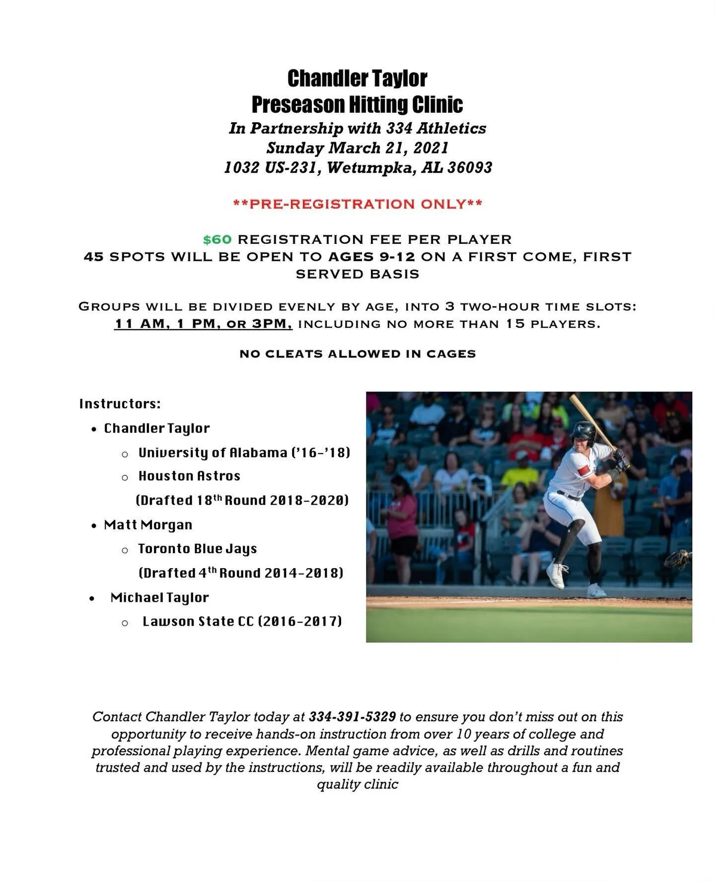 @7aylor_made 
If you are looking for a hitting camp to go to in Montgomery AL with some high level and Professional athletes that can communicate complex movements in a way even a 7 year old can understand or need help filling holes in there swing th
