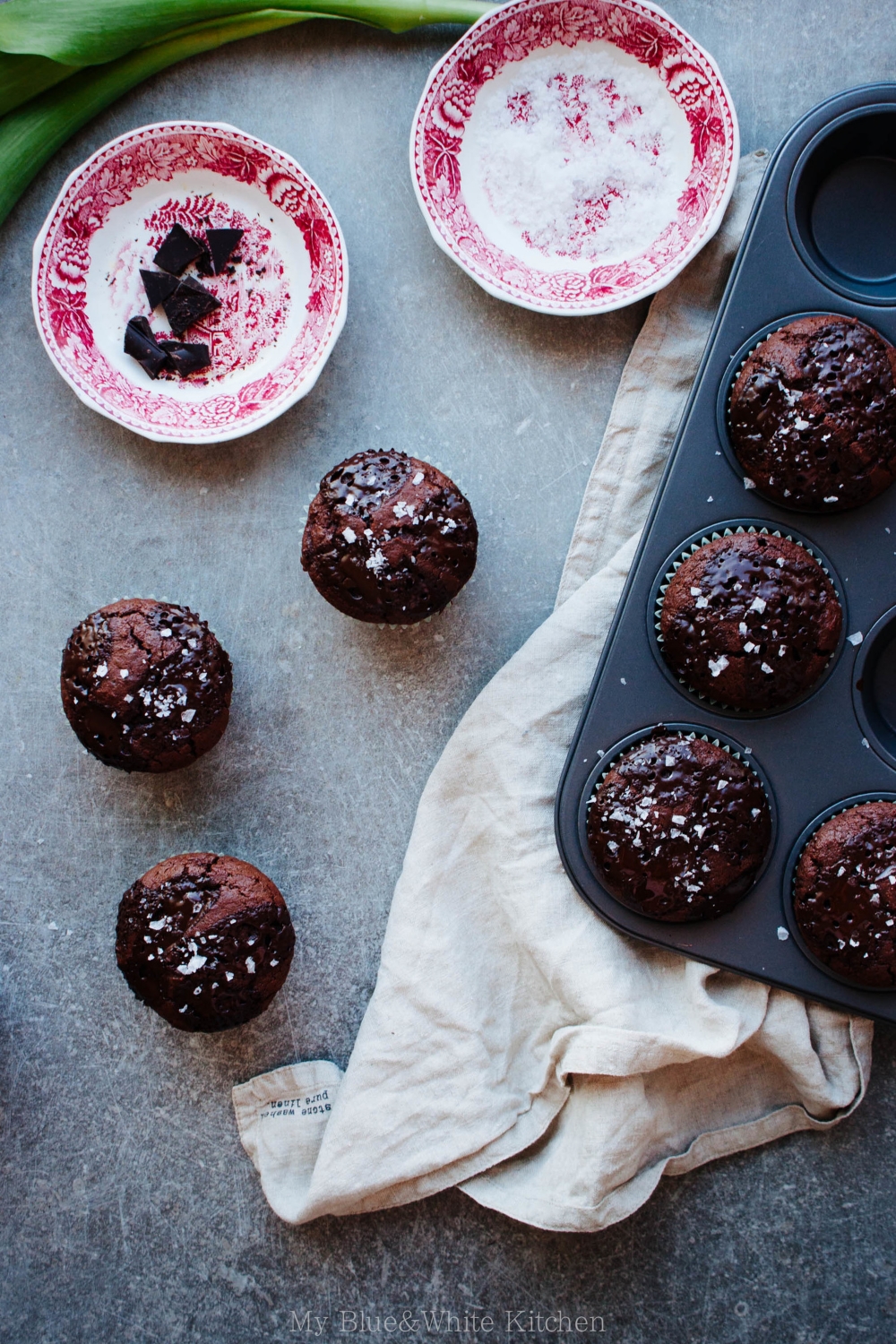 Double Chocolate Muffins with Flaked Sea Salt & Dried Flowers | My Blue&White Kitchen