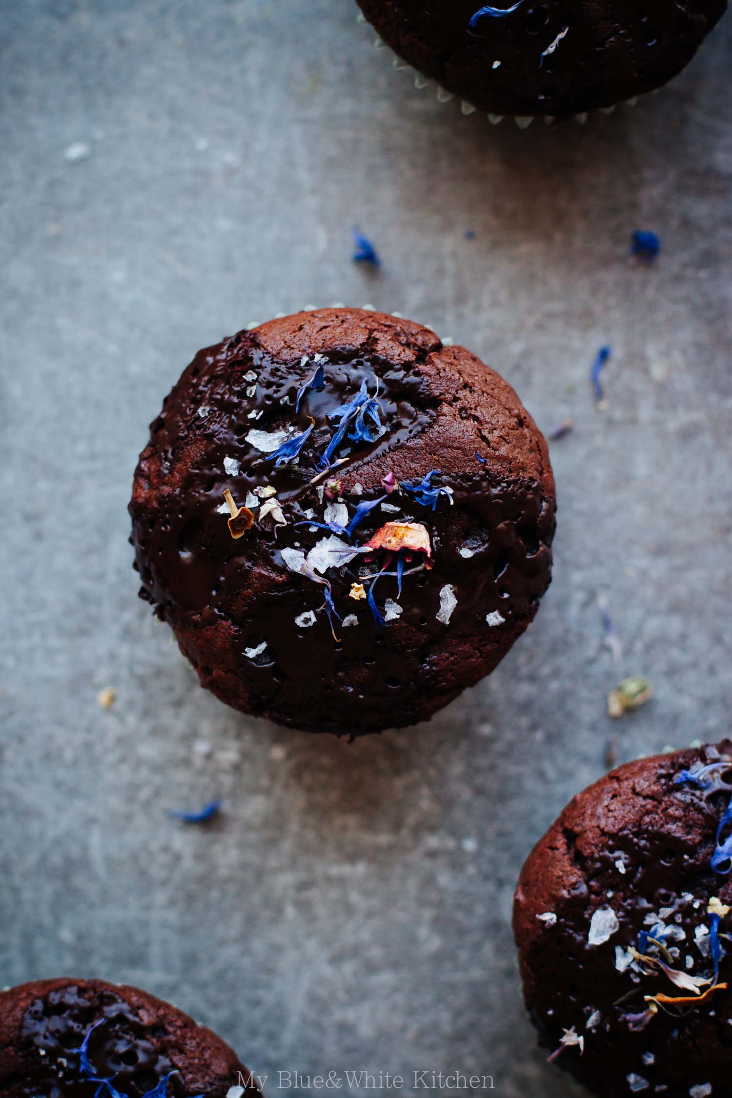 Double Chocolate Muffins with Flaked Sea Salt & Dried Flowers | My Blue&White Kitchen
