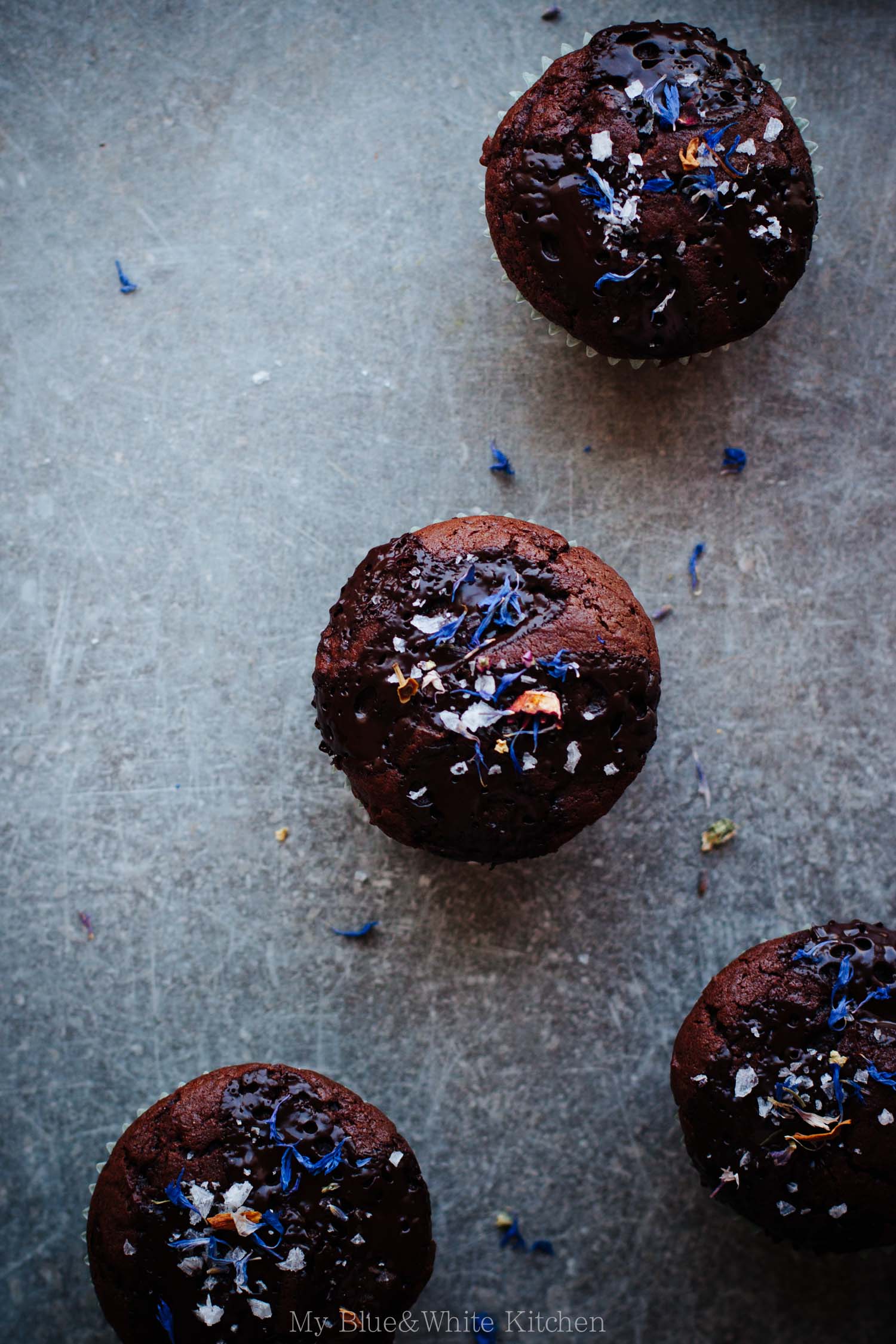 Double Chocolate Muffins with Flaked Sea Salt & Dried Flowers | My Blue&White Kitchen