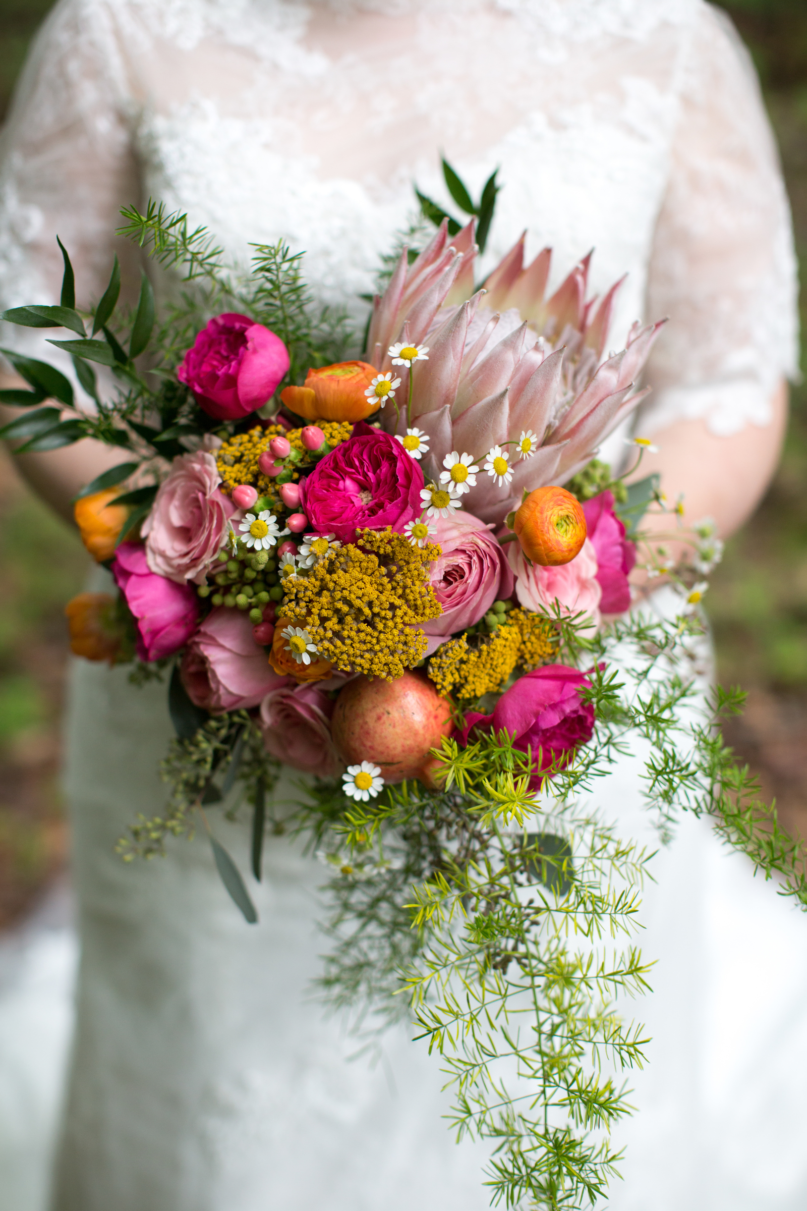 Bridal Bouquet with King Protea, Garden Roses, and Ranunculus