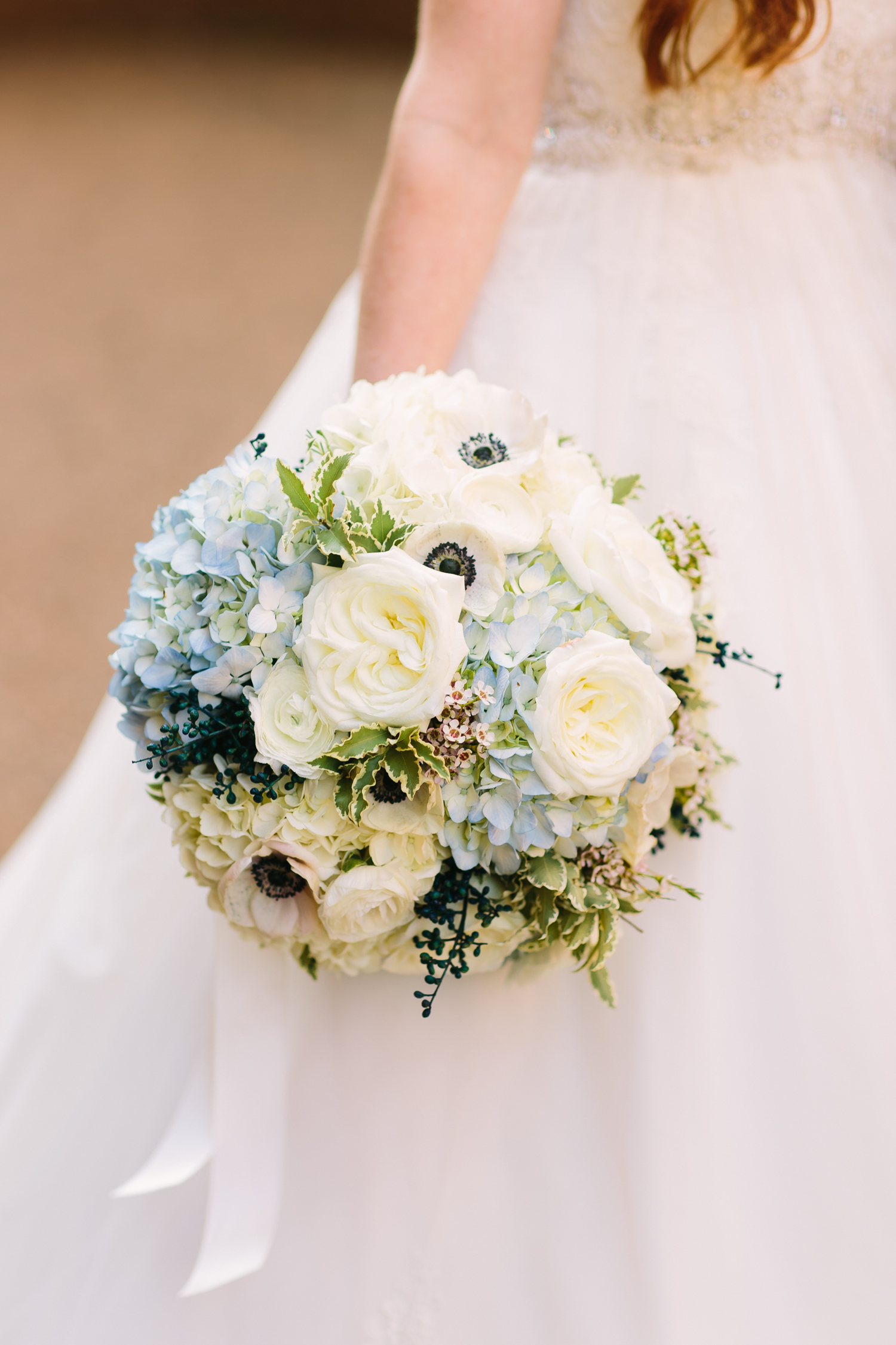 Blue and white hydrangea and anemone bridal bouquet // Nashville Wedding Flowers