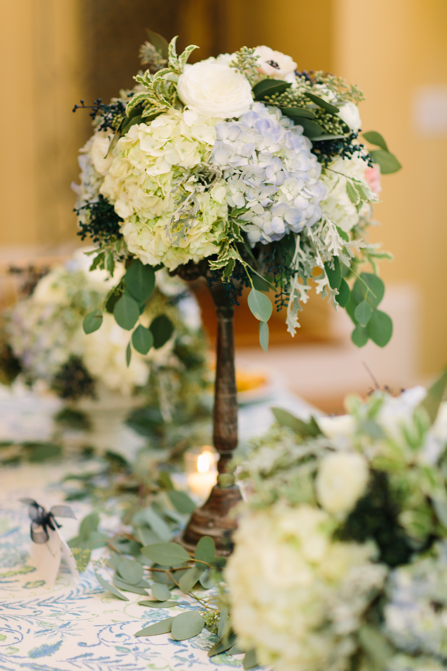 Blue hydrangea elevated flower centerpiece