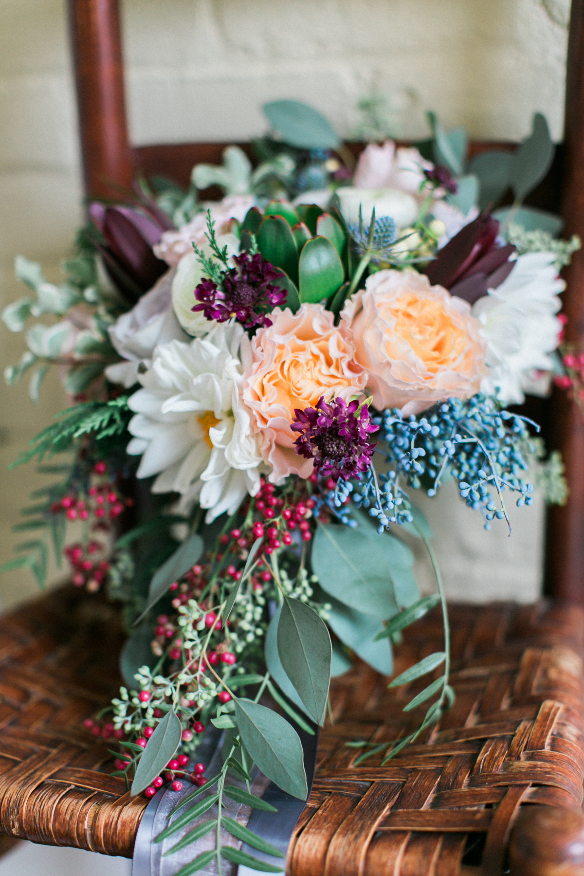 Peach, burgundy, navy, and grey bridal bouquet // Nashville Wedding Florist