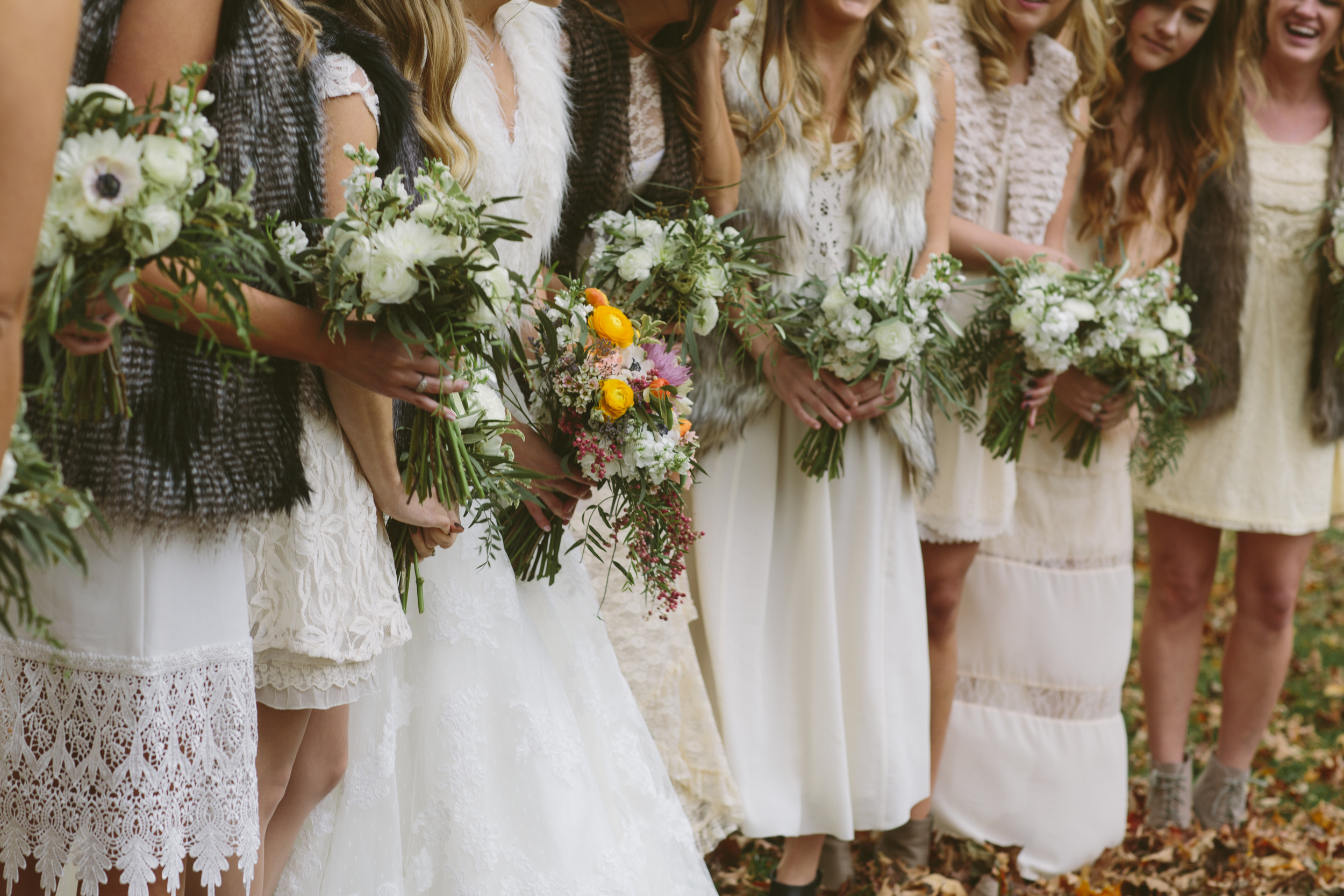 Natural, wild bouquets, bridesmaids in fur coats // Fall Wedding Flowers