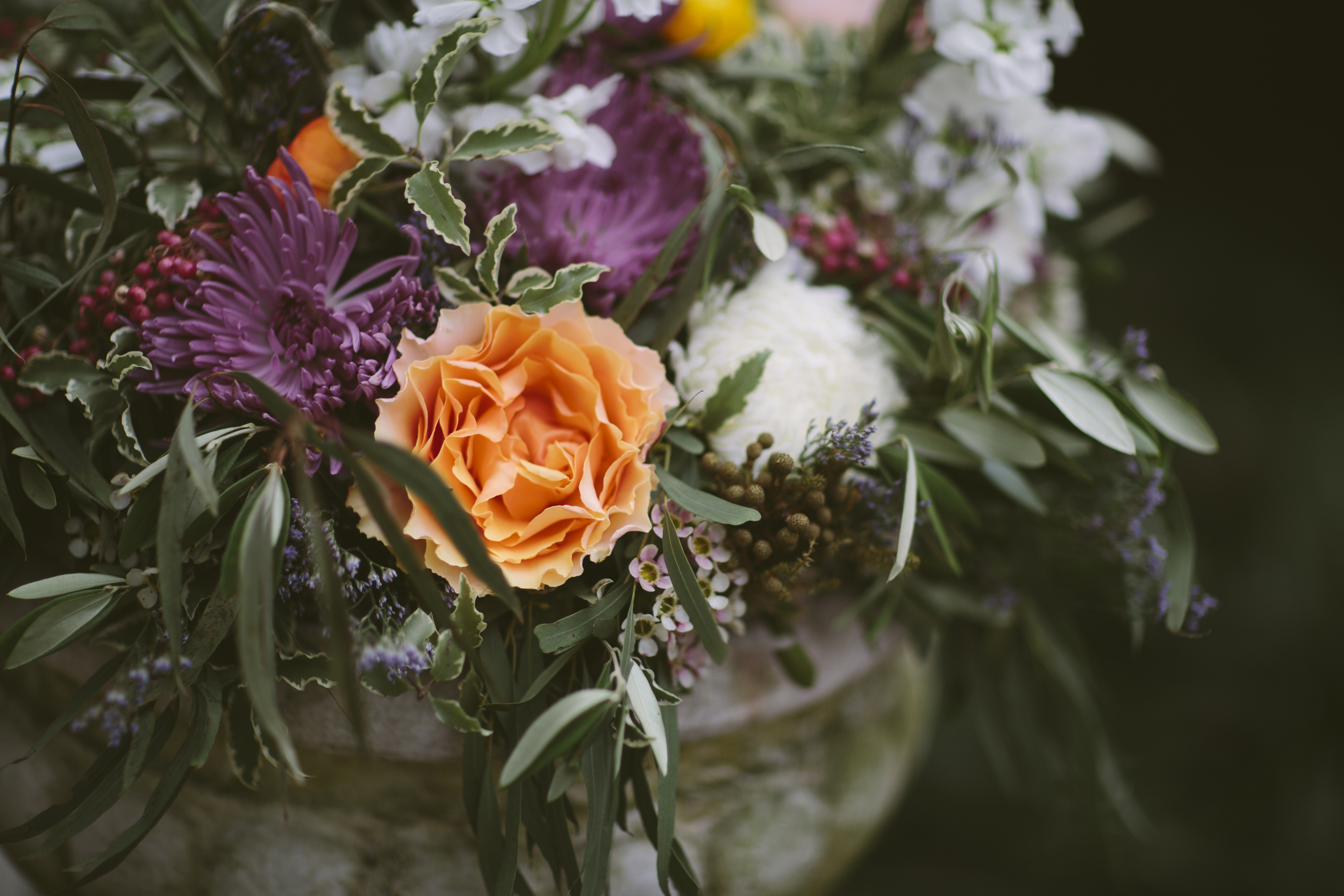Peach Garden Roses, lavender mums, and lush greenery // Nashville Wedding Flowers