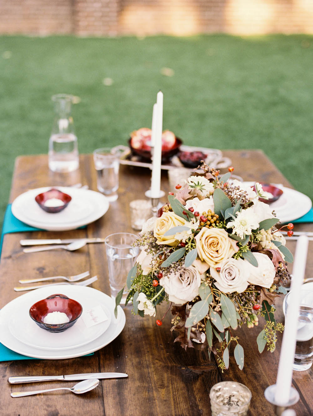 Elegant Teal and Cranberry Tablescape // Nashville Wedding Flowers