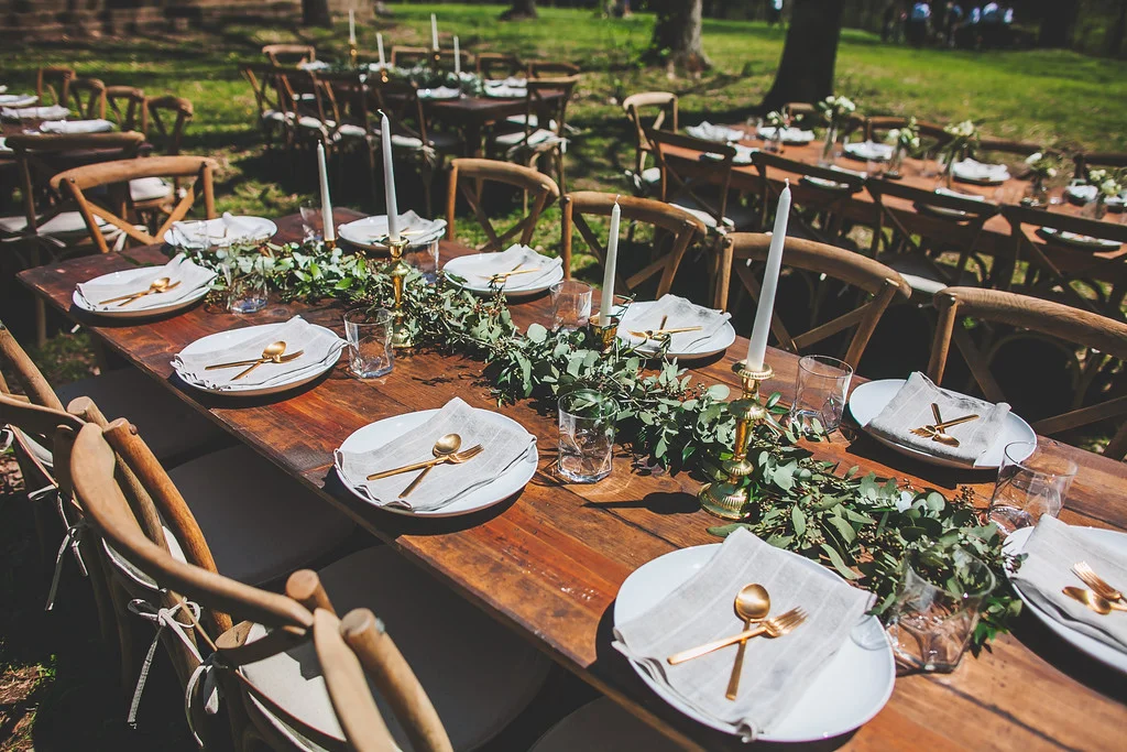 Garland table runner with brass candlesticks // Nashville Wedding Flowers